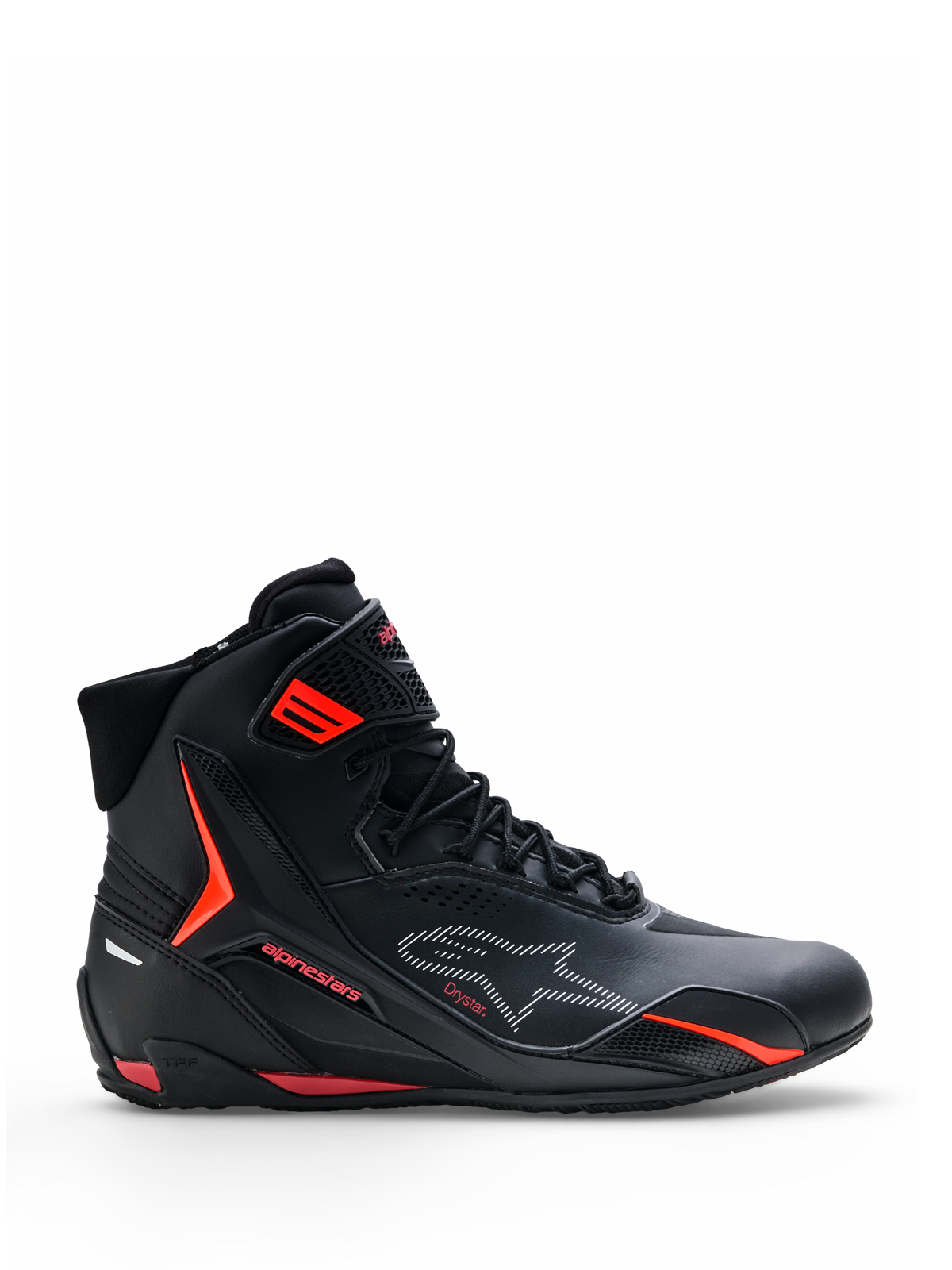 Zapatillas Alpinestars Faster-4 Drystar®, calzado para moto, negras con detalles en rojo Rio y rojo fluo, vista de perfil lateral, diseño de caña alta con cierre de cordones y correa en el tobillo, estilo urbano deportivo