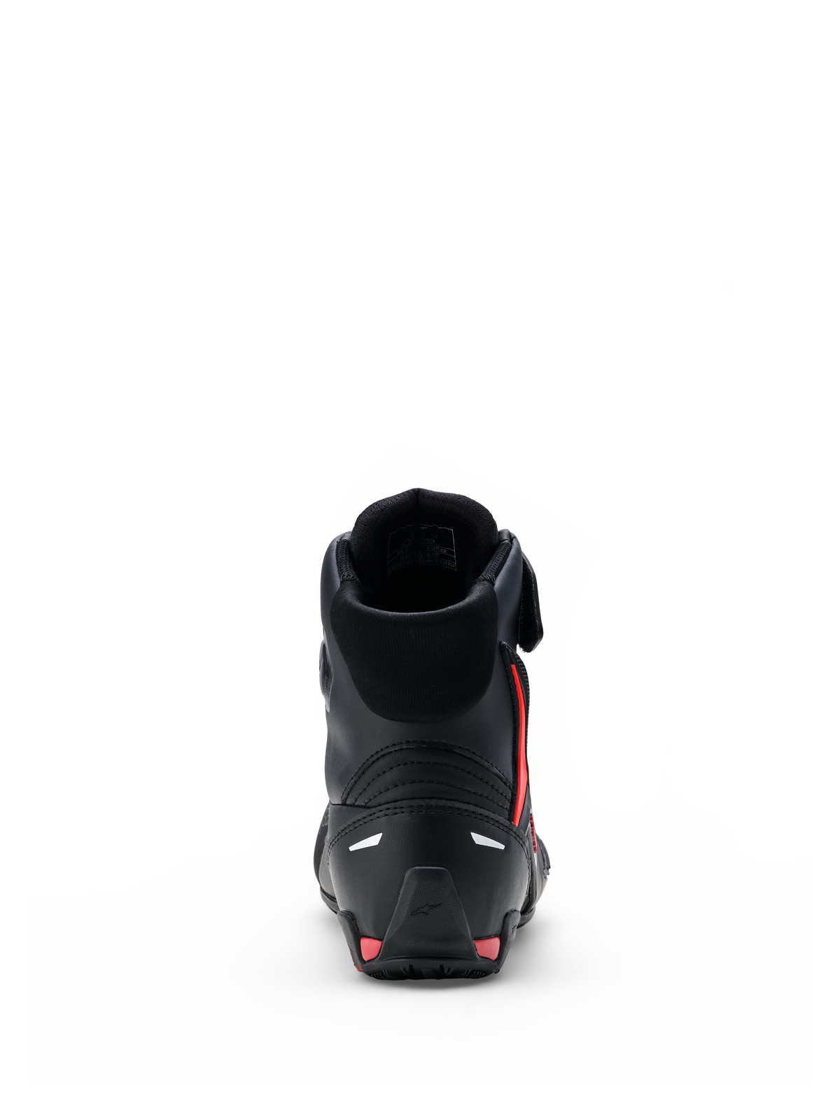 Zapatos Alpinestars Faster-4 Drystar®, calzado para motociclista, negro con detalles en Rio Red y Red Fluo, vista trasera que muestra el contrafuerte del talón reforzado, diseño de caña alta y construcción de microfibra sin costuras