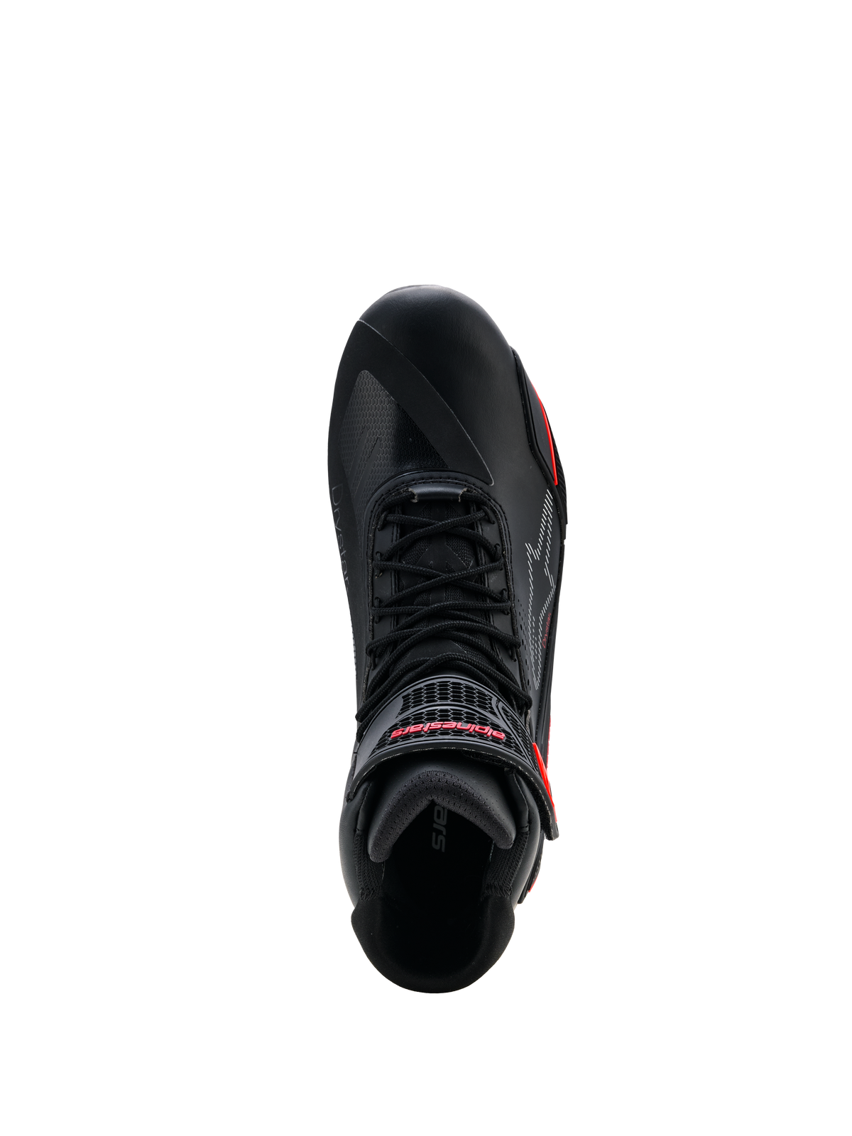 Zapatos Alpinestars Faster-4 Drystar®, negros con detalles en Rio Red y Red Fluo, vista superior que muestra el sistema de cordones y la correa de gancho y bucle con marca en rojo, calzado impermeable para motociclismo