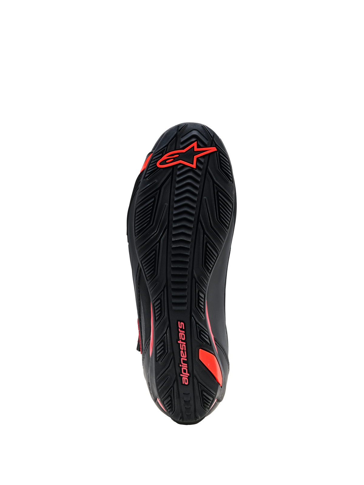 Zapatos Alpinestars Faster-4 Drystar®, vista de la suela, negro con detalles en rojo flúor, suela de goma con agarre texturizado con el logotipo y el nombre de Alpinestars, calzado duradero para motociclismo
