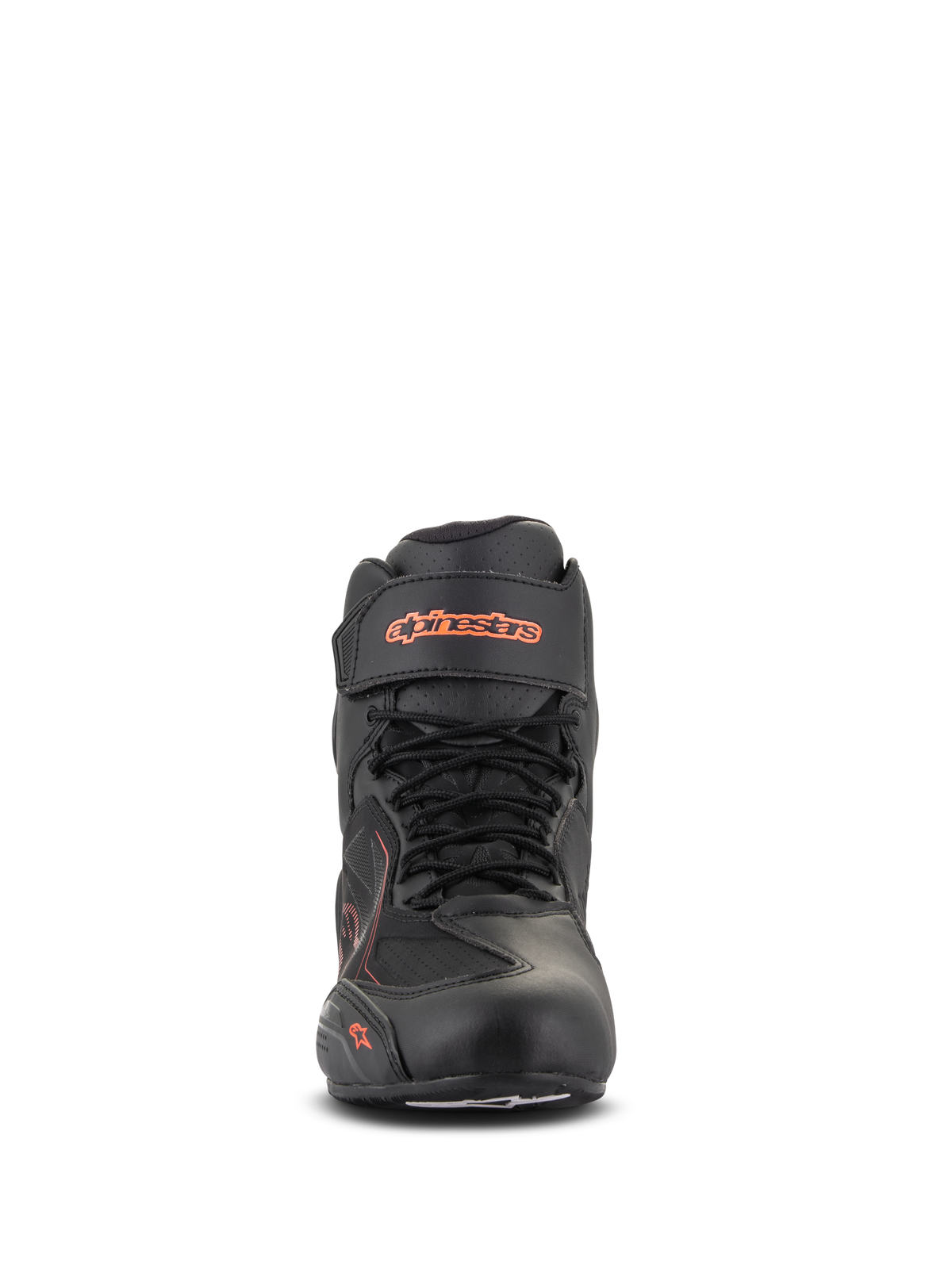 Alpinestars Faster-3 Drystar® Shoes, Black and Red Fluo, front view, waterproof motorcycle riding shoe with microfiber chassis, lace-up design with velcro ankle strap, fluorescent logo branding
