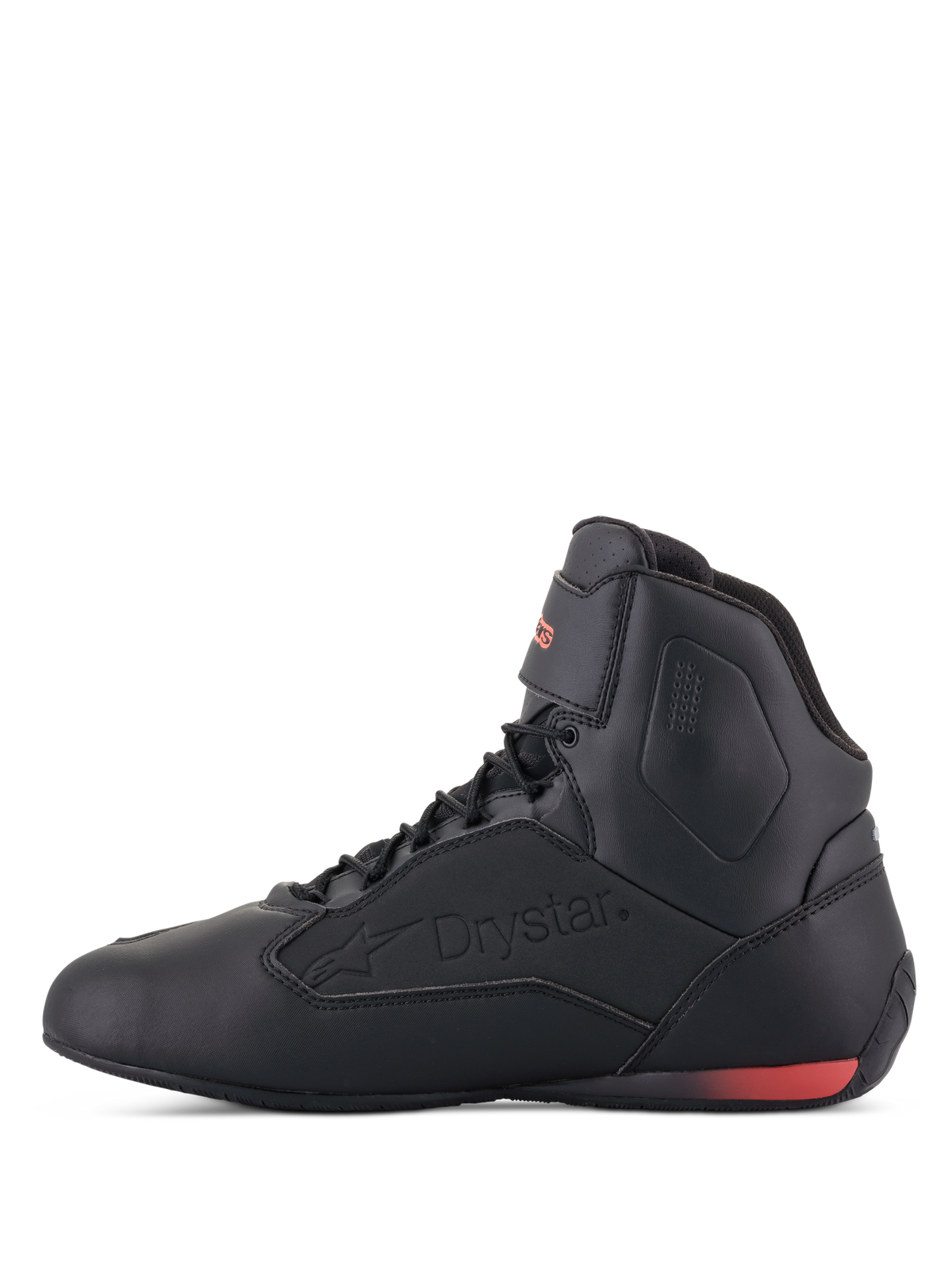 Alpinestars Faster-3 Drystar® Shoes, Motorcycle Riding Shoes, Black and Red Fluo, side profile view with embossed Drystar logo and red fluorescent heel accent, sleek microfiber chassis for urban and road riding