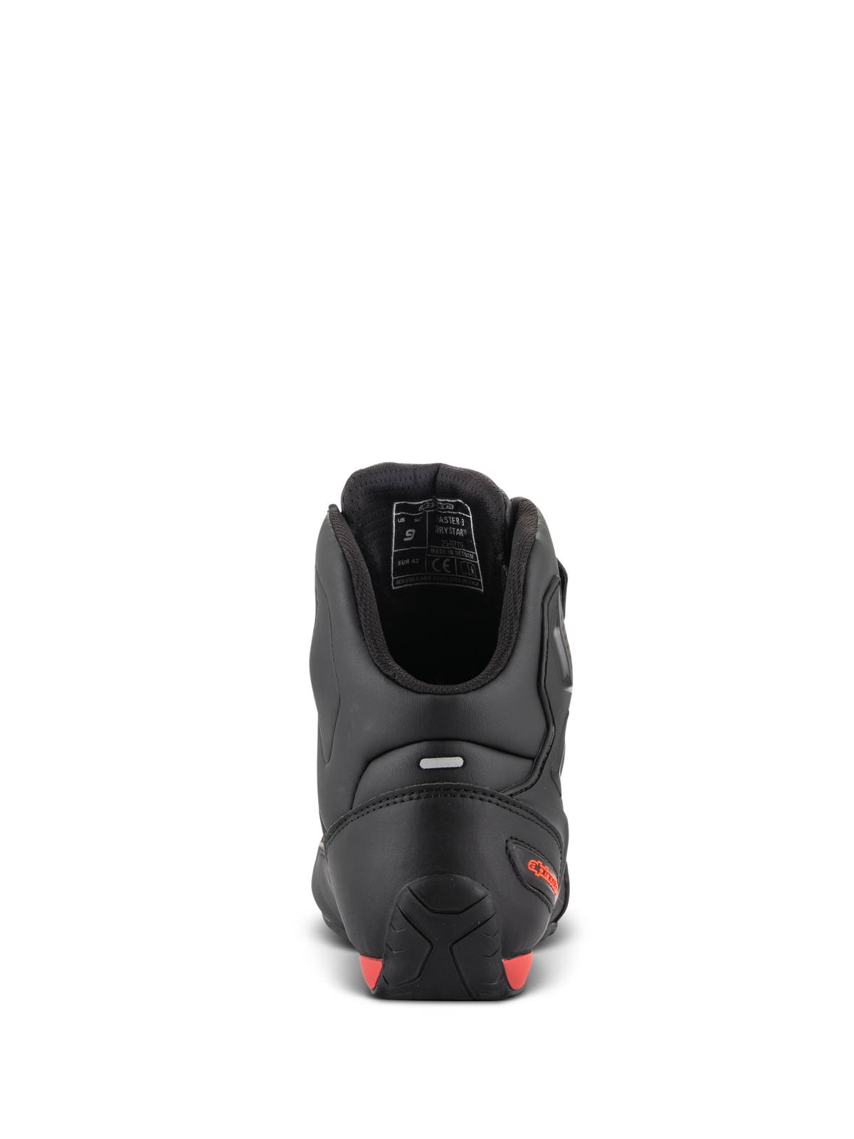 Alpinestars Faster-3 Drystar® Shoes, motorcycle riding shoes, rear view showing the heel and ankle, black microfiber with red fluo accents, reflective strip for visibility, sport-inspired protective footwear for road and urban use.