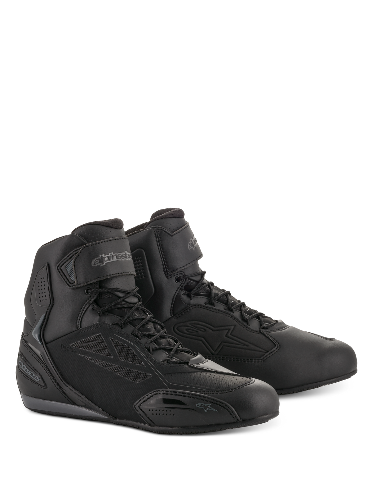 Zapatos de moto Alpinestars Faster-3 Drystar®, calzado para conducción en moto, negro y gris frío, diseño de caña alta con cierre de cordones y correa de velcro en el tobillo, chasis de microfibra con paneles protectores, calzado impermeable para carretera