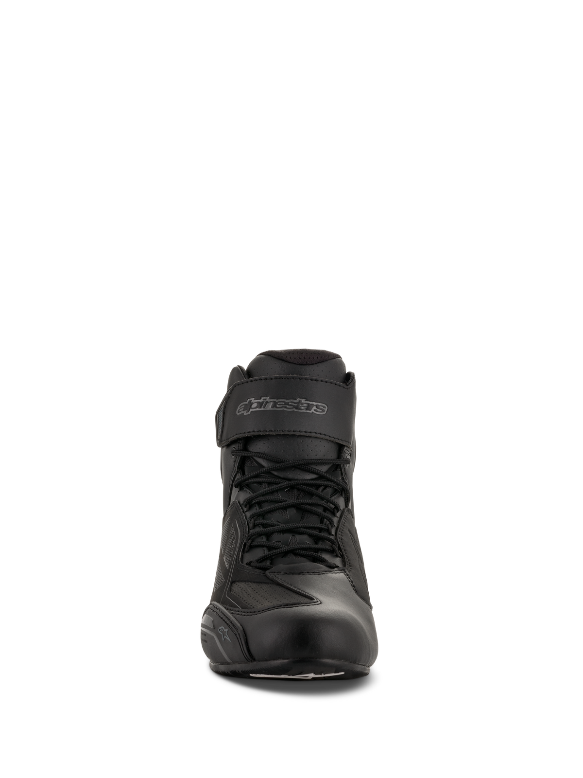 Alpinestars Faster-3 Drystar® Riding Shoes, negro y gris frío, vista frontal con cierre de cordones y correa de velcro en el tobillo, calzado de microfibra impermeable para moto.