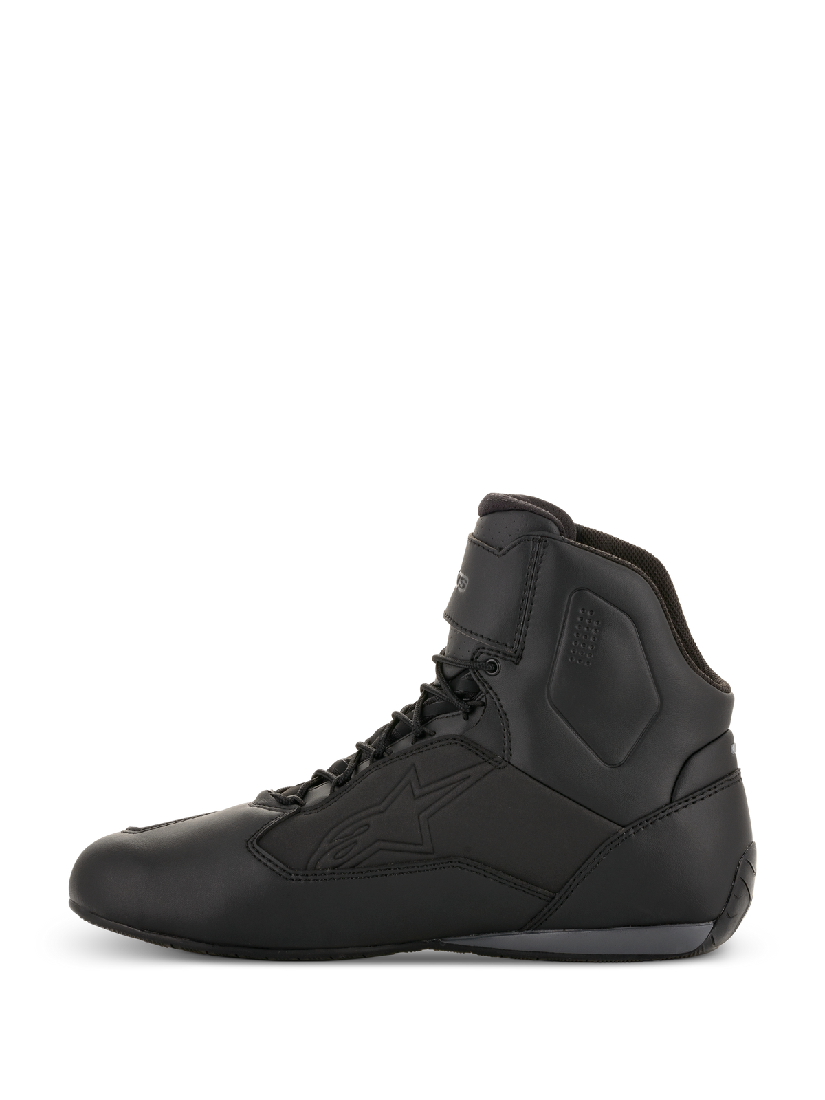 Alpinestars Faster-3 Drystar® Riding Shoes, calzado de moto, negro y gris frío, vista de perfil lateral, diseño de caña alta con cordones, construcción de microfibra impermeable, equipamiento técnico para conducción en carretera