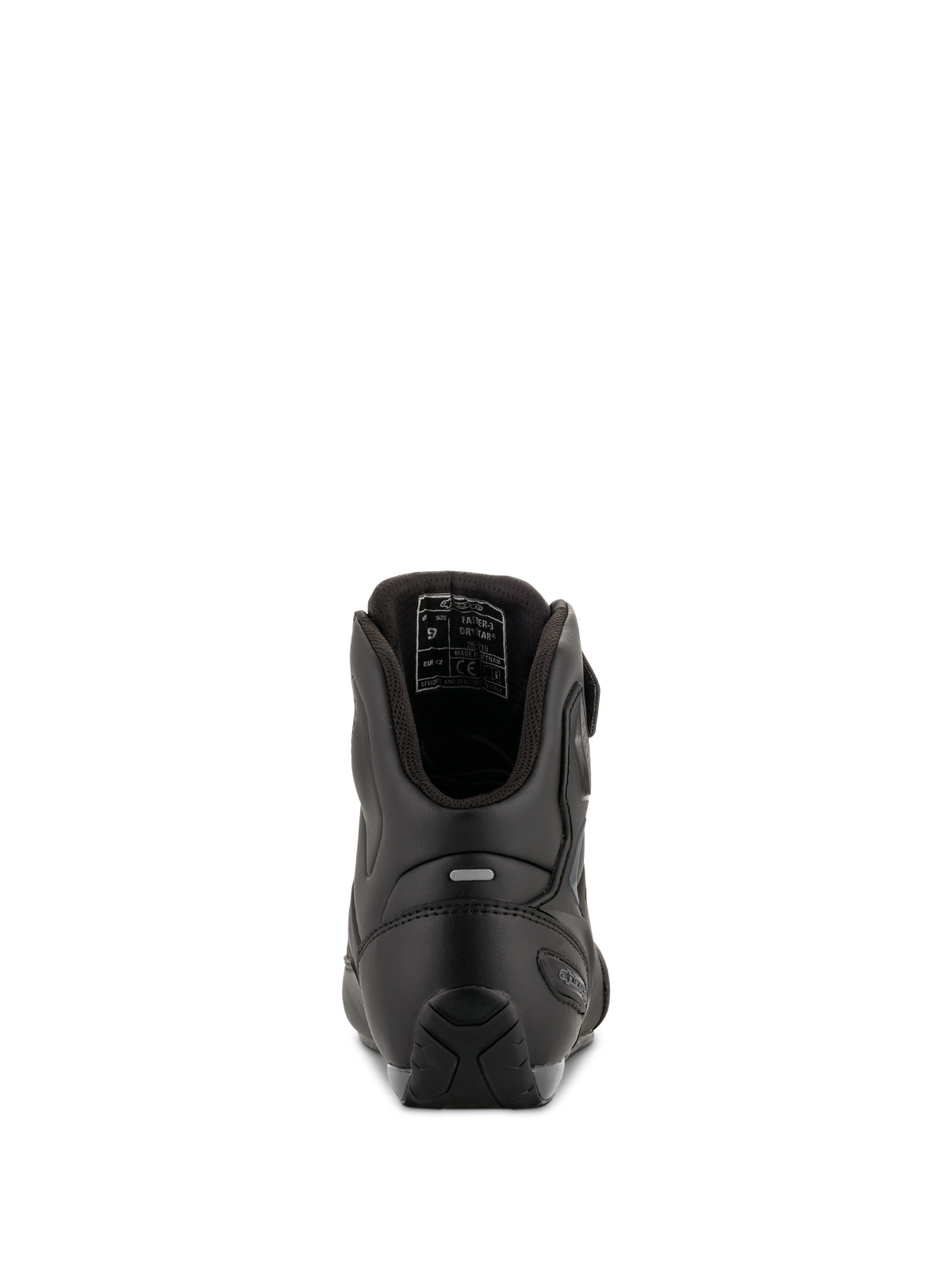 Zapatos de conducción Alpinestars Faster-3 Drystar®, Negro Cool Gray, vista trasera que muestra el refuerzo del talón, detalle reflectante y forro interno, construcción de microfibra impermeable para conducción en carretera.