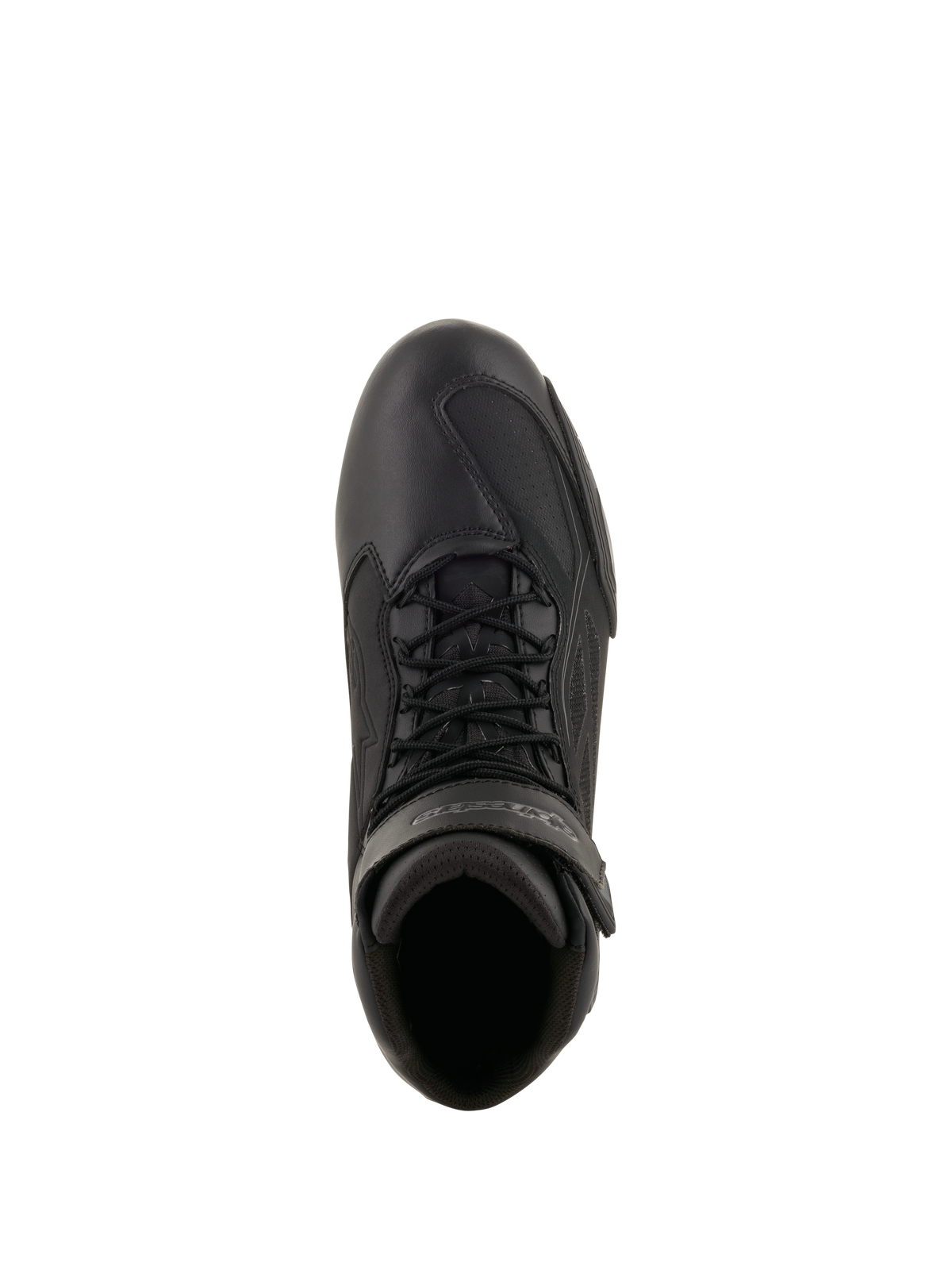 Zapatos de moto Alpinestars Faster-3 Drystar®, calzado para motociclismo, negro y gris frío, vista superior que muestra el chasis de microfibra, cordones negros y correa de velcro en el tobillo, diseño técnico de inspiración deportiva para conducción en carretera bajo cualquier condición climática
