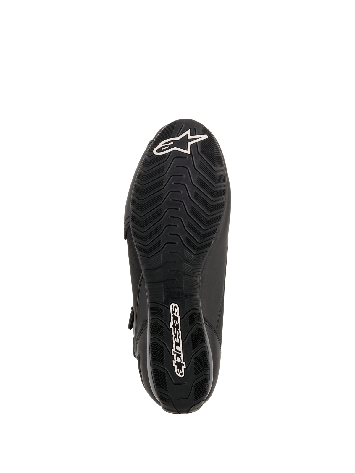 Zapatos Alpinestars Faster-3 Drystar®, vista de la suela, caucho negro con patrón de textura ondulada, logotipo de la estrella de Alpinestars blanco en la punta y marca denominativa en el talón, calzado técnico para motorista