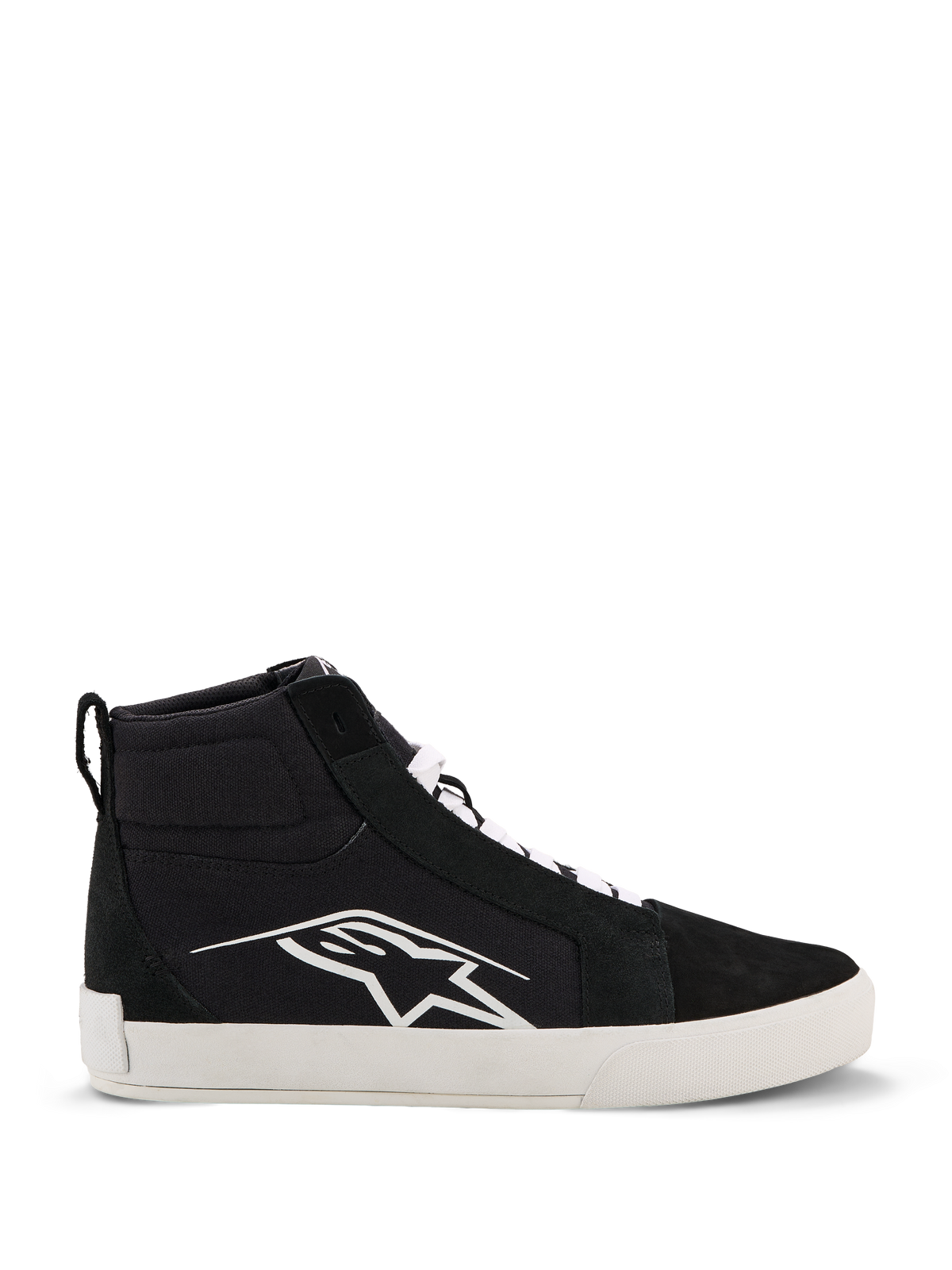 Alpinestars Ride-63 Canvas Shoes, Urban Motorcycle Riding Shoes, Black and White, Large white Astars logo on the side, thick white flat sole, white laces, casual high-top sneaker design