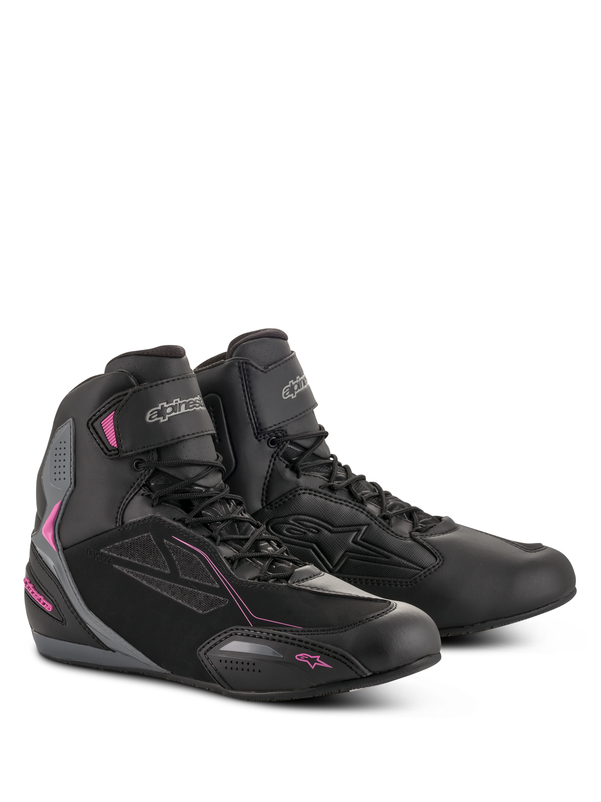 Alpinestars Women Stella Faster-3 Drystar Shoes, Motorcycle Riding Shoes, Black Dark Gray and Fuchsia, waterproof microfiber and PU suede construction, lace-up closure with hook-and-loop ankle strap, sleek urban sport design