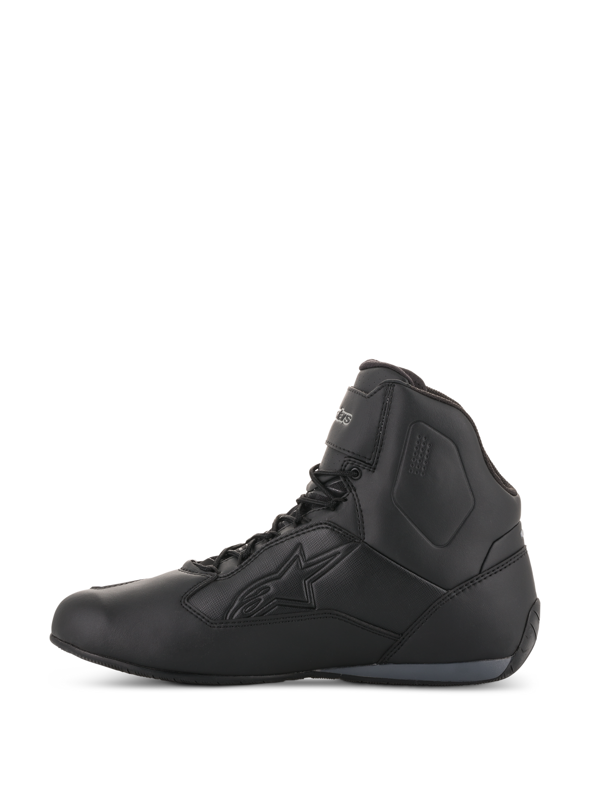 Alpinestars Women Stella Faster-3 Drystar® Shoes, Black and Dark Gray, waterproof motorcycle riding shoes, side profile view featuring a durable microfiber chassis, lace-up closure with ankle strap, and embossed Alpinestars logo.
