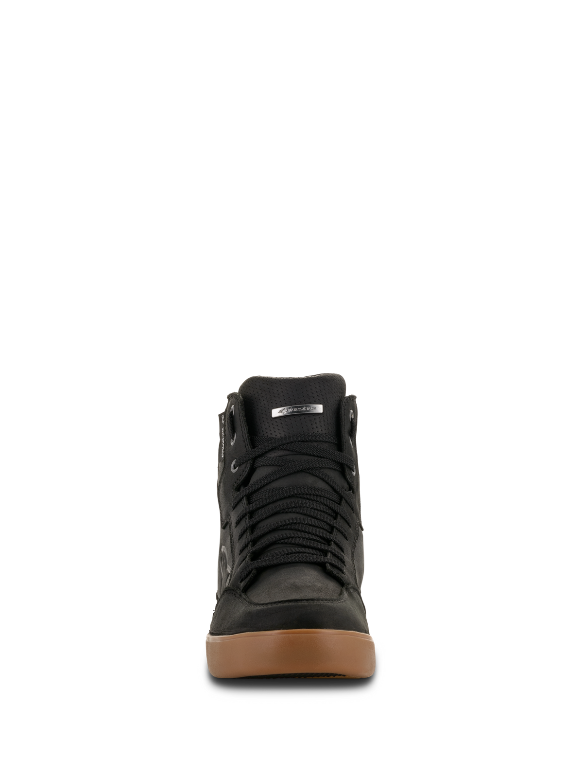 Zapato impermeable Alpinestars J-6, zapato para motociclismo, Black Gum, vista frontal que muestra cordones negros y suela de goma marrón, diseño estilo zapatilla para conducción urbana