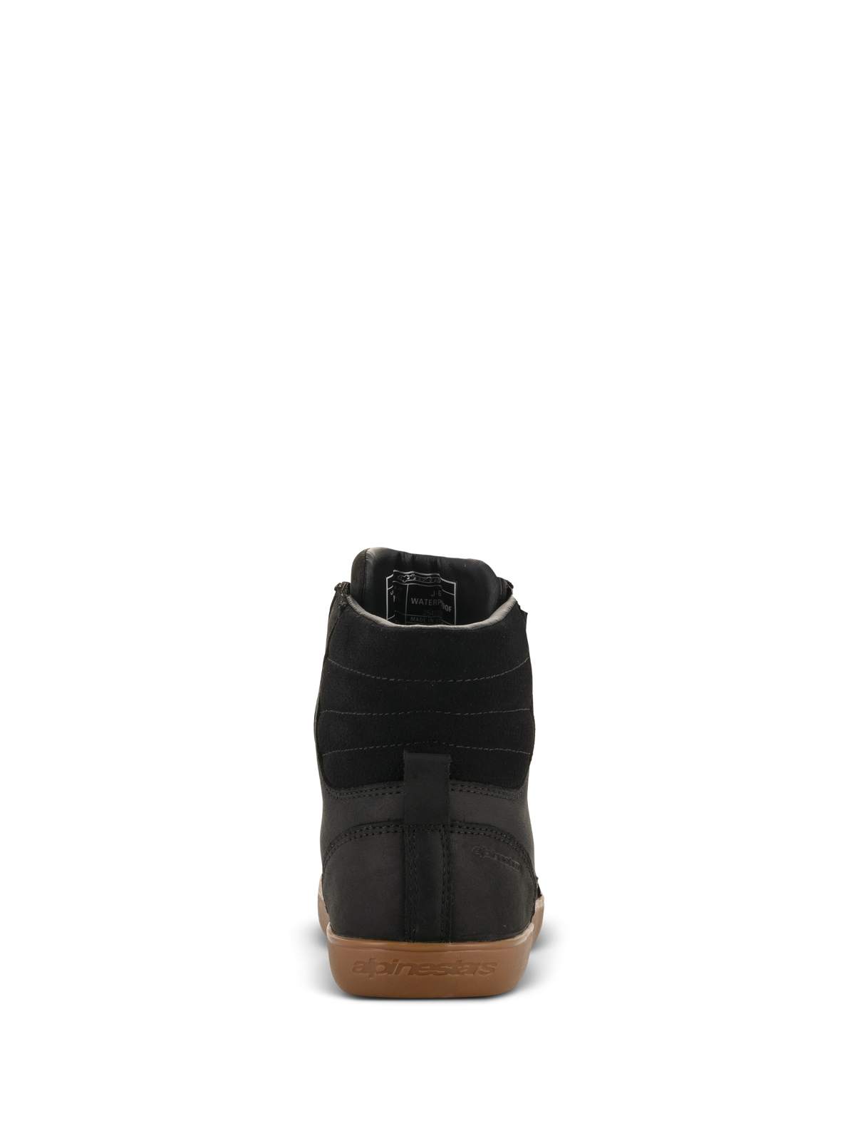 Alpinestars J-6 Waterproof Shoe, zapato para motociclismo, negro y color caramelo, vista trasera con parte superior de cuero negro de alta calidad, costuras horizontales en el tobillo y suela de goma con el logotipo de Alpinestars en relieve.