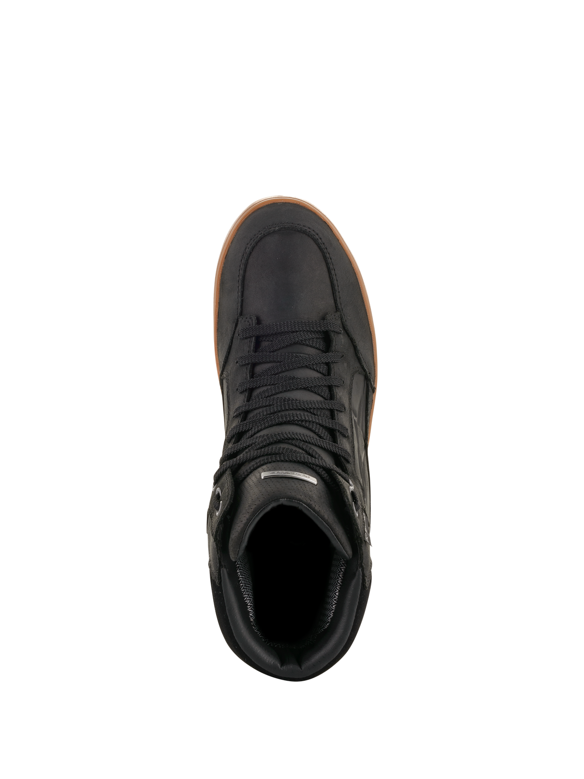 Zapato Alpinestars J-6 Waterproof, Black Gum, vista superior, zapato de conducción de moto en cuero negro con suela de goma color caramelo, calzado urbano estilo zapatilla con cordones negros