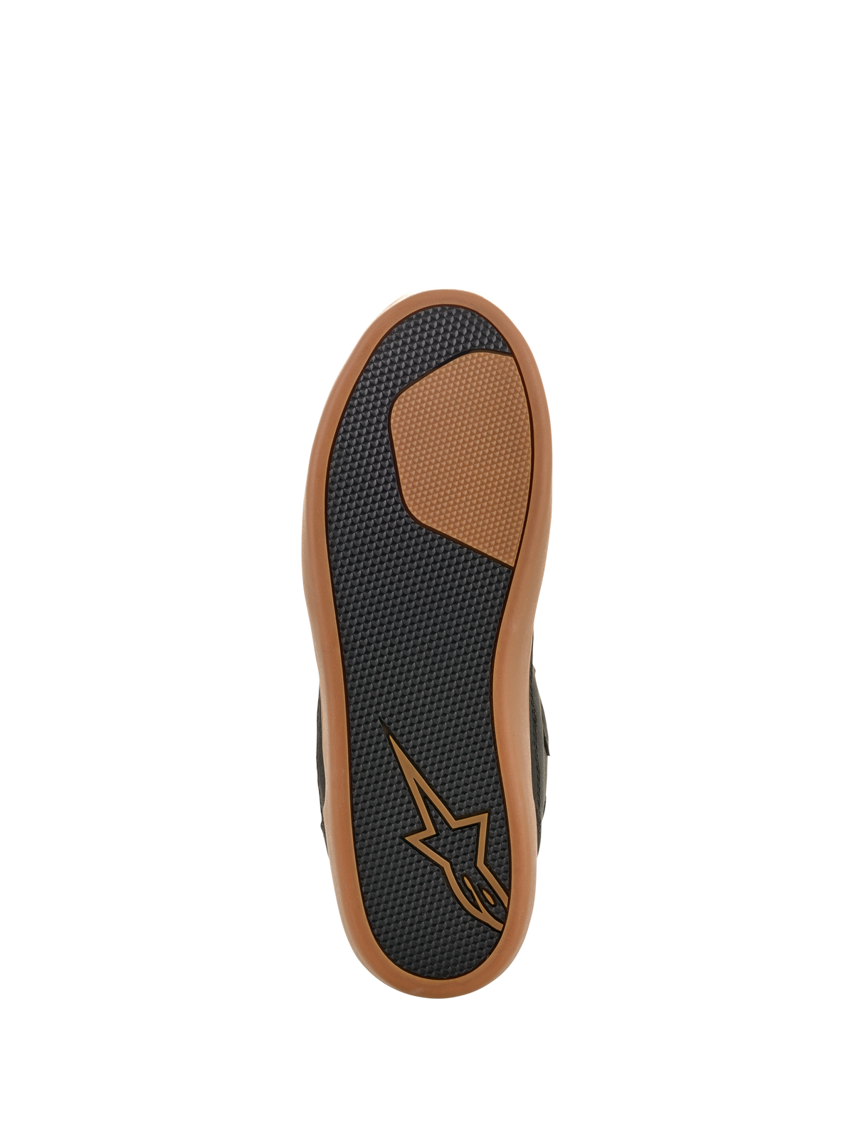 Zapato Impermeable Alpinestars J-6, vista de la suela, negro y caramelo, dibujo de goma texturizada para agarre y durabilidad, con logotipo Astars en color canela y borde exterior de color caramelo, calzado de moto estilo zapatilla