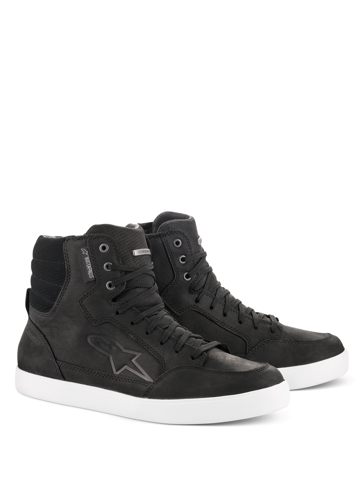 Alpinestars J-6 Waterproof Shoe, Motorcycle Riding Shoes, Black and White, high-top sneaker design, premium leather with lace-up closure, white rubber sole, featuring the Astar logo and waterproof tag, urban casual style for road riding