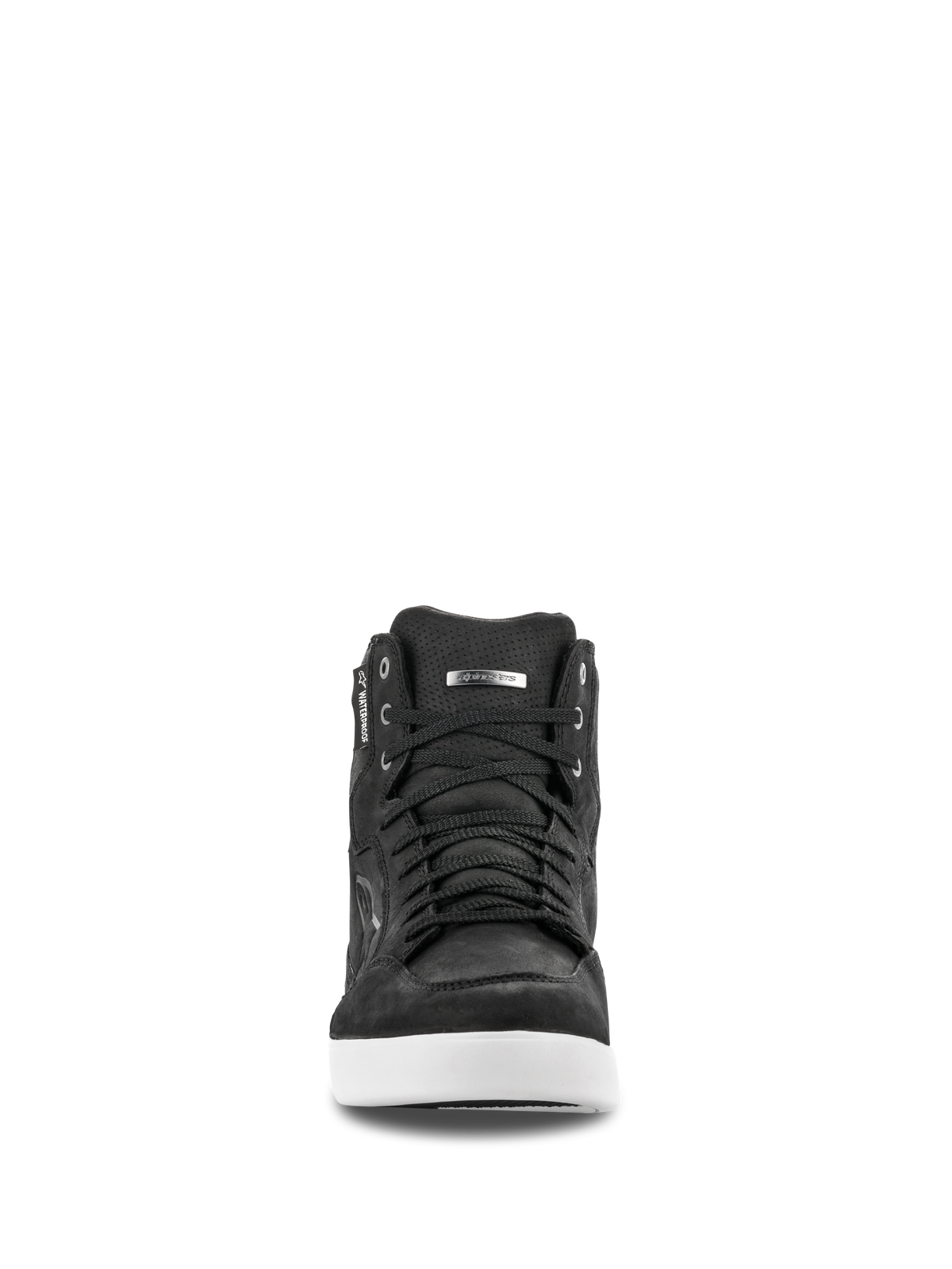 Alpinestars J-6 Waterproof Shoe, front view, Black leather riding shoe with White sole, sneaker-style design with black laces, featuring a waterproof label and silver logo detail, urban motorcycle footwear