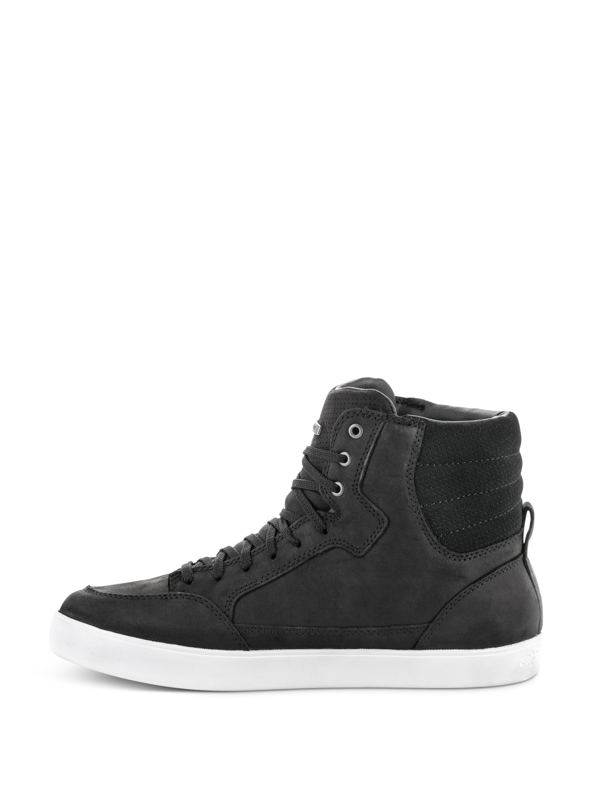 Alpinestars J-6 Waterproof Shoe, Black and White, side profile of high-top riding sneaker, black leather construction with a white rubber sole, urban motorcycle footwear featuring a lace-up design.