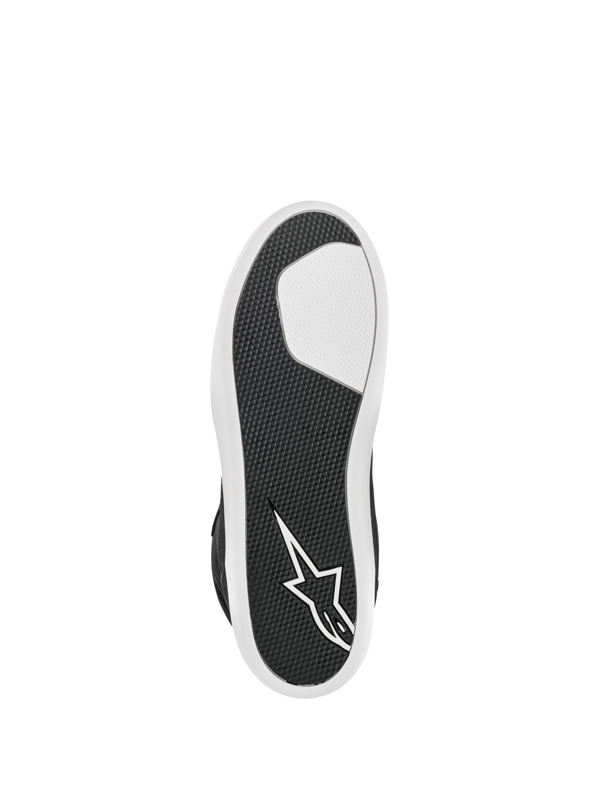 Alpinestars J-6 Waterproof Shoe, Black and White, bottom view showing the advanced rubber sole, textured grip pattern for durability, white star logo on the heel, urban motorcycle riding footwear