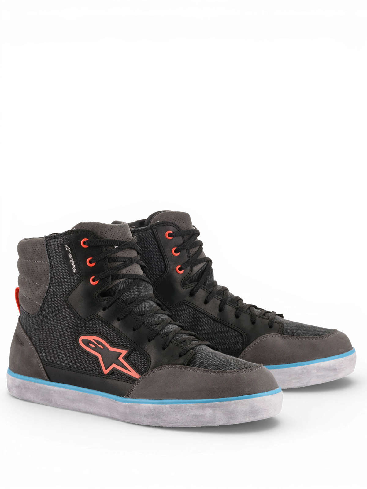 Alpinestars J-6 Waterproof Canvas, zapatos de moto urbanos para hombre, gris y negro con detalles en azul y naranja, membrana impermeable, construcción de cuero