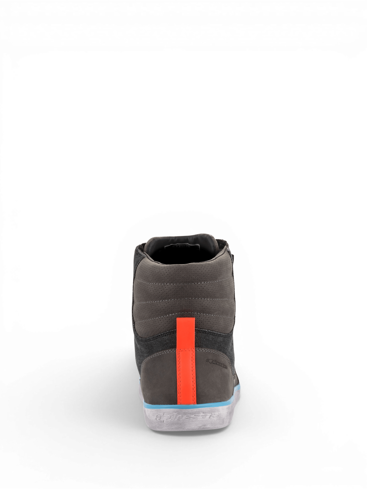 Alpinestars J-6 Impermeable Canvas, zapatos de moto urbanos, grises y antracita, vista trasera con franja naranja y detalles azules