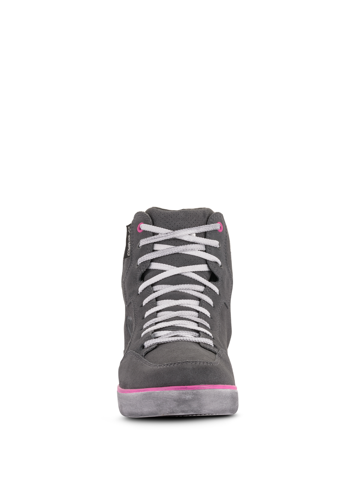 Zapatillas Impermeables J-6 para Mujer de Alpinestars, calzado para motociclismo, gris claro y fucsia, vista frontal de zapatilla de caña alta estilo deportivo con cordones blancos y detalles en rosa, construcción de cuero y ante impermeables