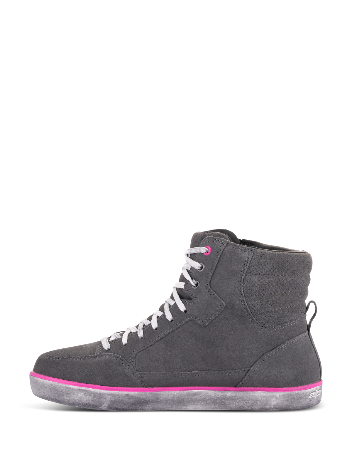 Zapatos Alpinestars J-6 Impermeables para mujer, calzado de moto, gris claro y fucsia, diseño de zapatilla de caña alta con parte superior de ante gris, cordones blancos, detalles en fucsia y suela de goma gris con efecto desgastado