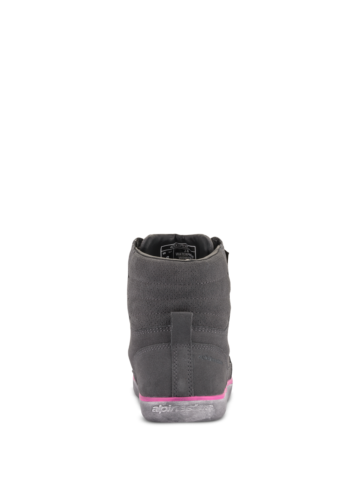 Zapatos de moto J-6 Waterproof de Alpinestars para mujer, gris y fucsia, vista trasera, parte superior de ante con detalle de entresuela rosa y logotipo grabado en la suela de goma, calzado de moto urbano