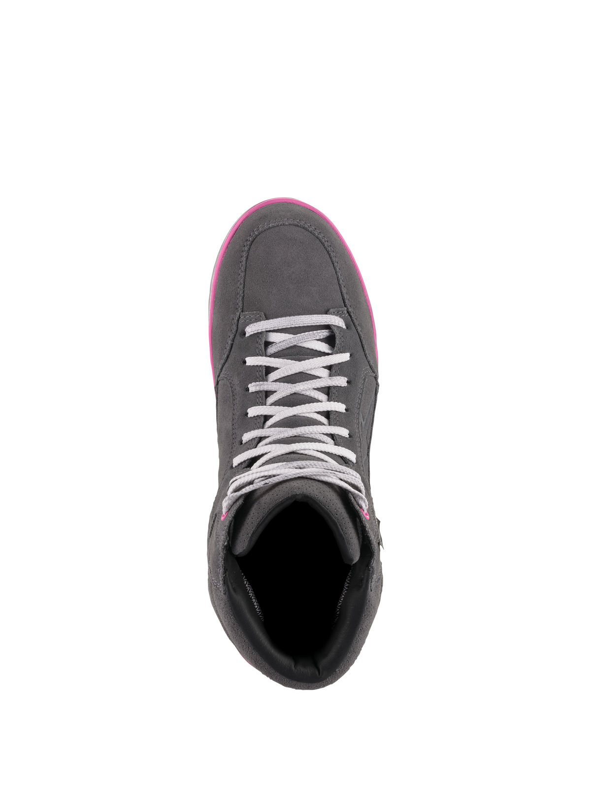 Zapatos de moto Alpinestars J-6 Waterproof para mujer, gris y fucsia, vista superior que muestra la construcción de ante y cuero, cordones gris claro y borde de la suela en rosa brillante.