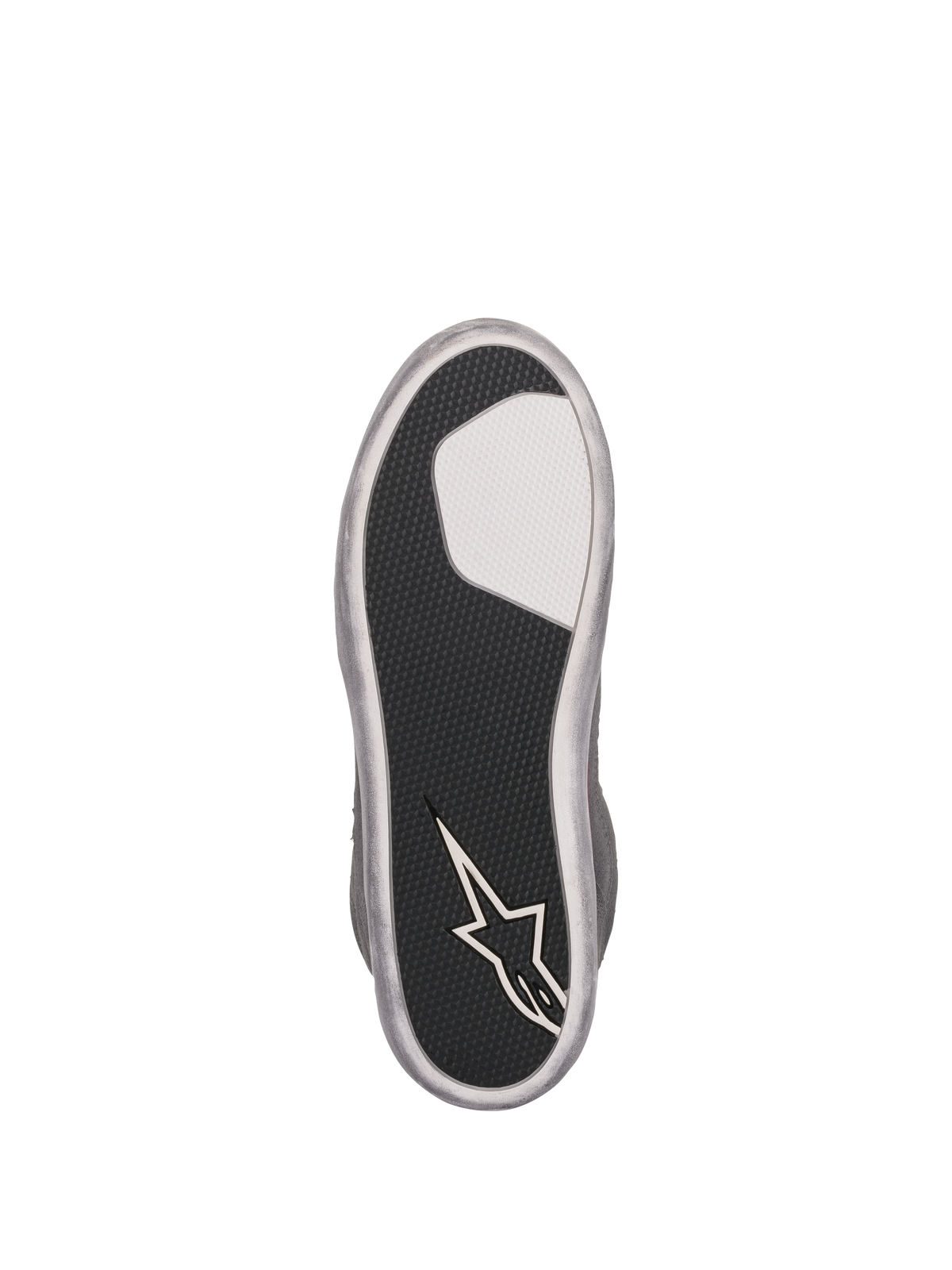 Zapatos Impermeables Alpinestars J-6 para Mujer, vista de la suela, suela de goma negra texturizada con inserto blanco y logotipo de estrella de Alpinestars en el talón, perímetro gris plateado, diseño de agarre duradero