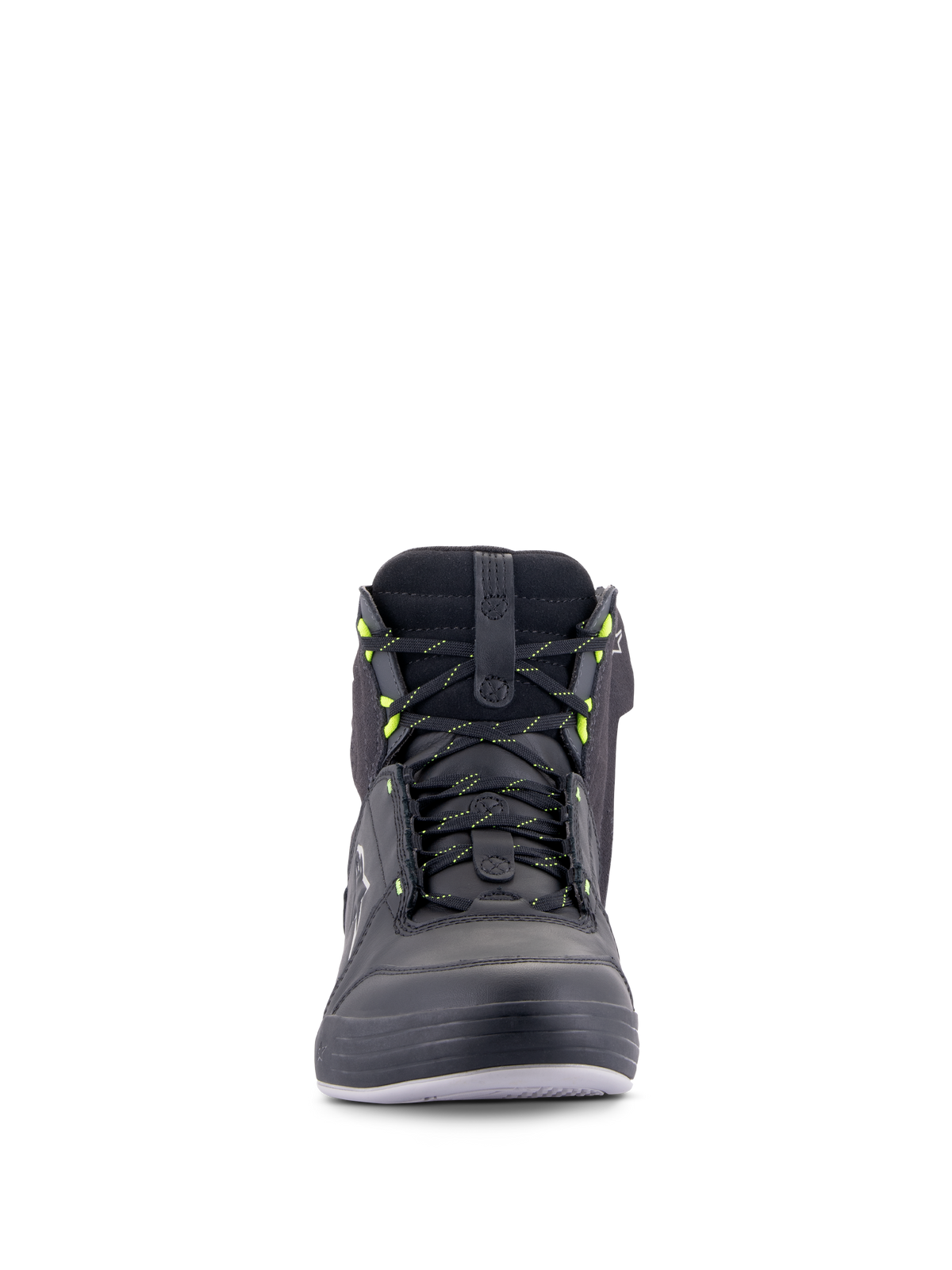 Alpinestars Chrome Drystar® Shoes, Urban Motorcycle Riding Shoes, Black Dark Gray Yellow Fluo, front view featuring laces with yellow accents, high-top leather and suede construction, waterproof casual streetwear design