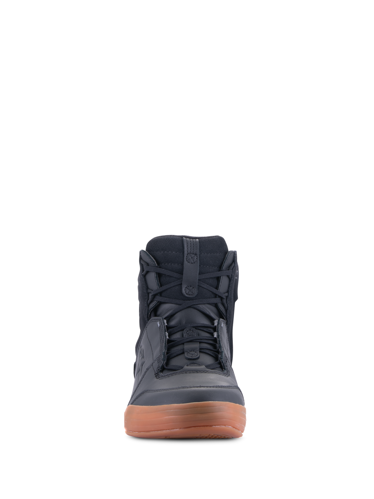 Zapatos Alpinestars Chrome Drystar®, Negro y Caramelo, vista frontal de calzado urbano para moto, estilo zapatilla casual de caña alta con cordones, construcción en cuero y ante con suela de goma marrón
