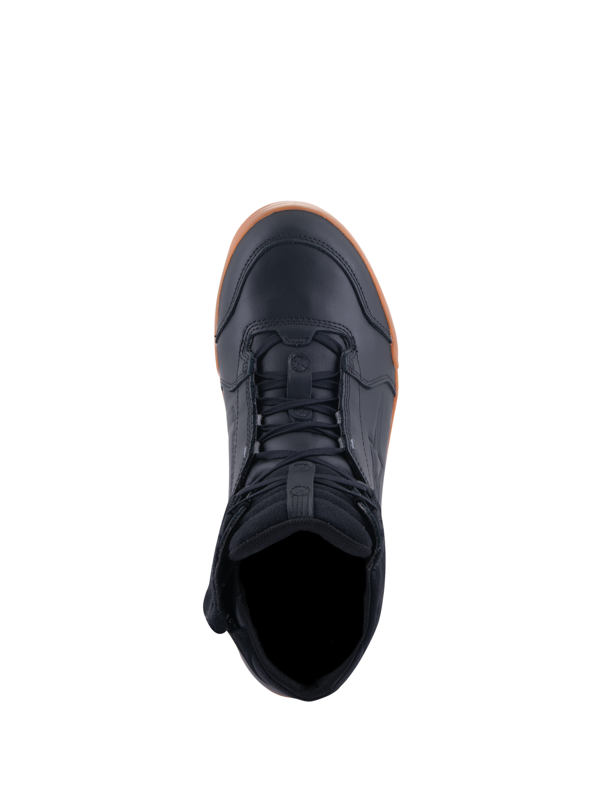 Alpinestars Chrome Drystar® Shoes, zapatos de moto, negro y color caramelo, vista superior que muestra los cordones y el cuello acolchado, diseño urbano casual con parte superior de cuero y suela de goma