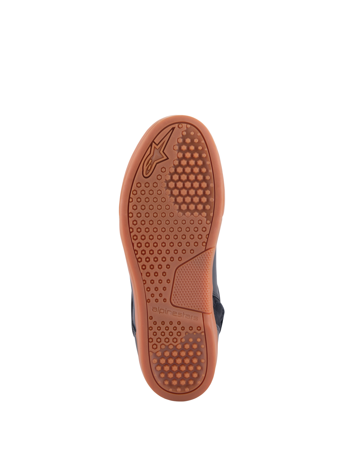 Zapatos Alpinestars Chrome Drystar®, vista de la suela, suela de goma color caramelo con patrón de agarre hexagonal, calzado de moto urbano y casual, combinación de colores Black Black Gum