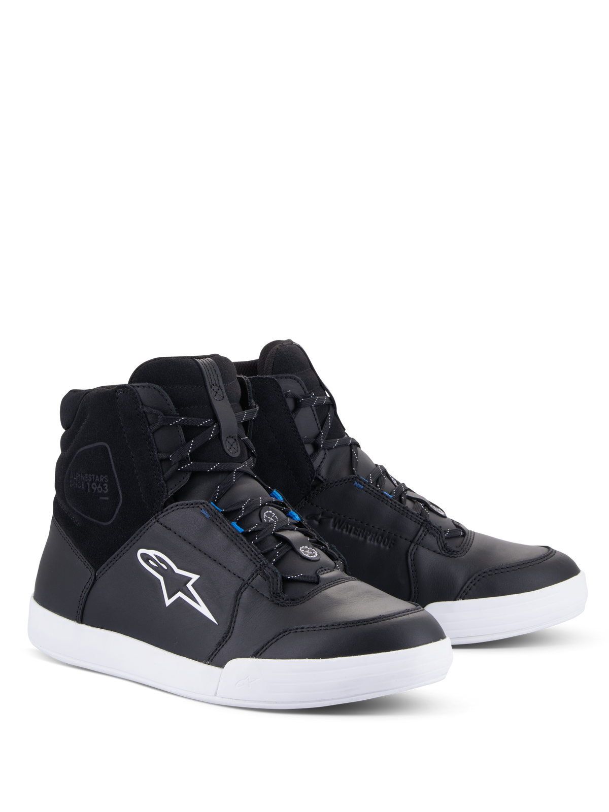 Alpinestars Chrome Drystar® Shoes, Urban Motorcycle Riding Shoes, Black and White with Blue accents, high-top sneaker design featuring leather and suede upper, white contrast sole and white Astars logo, waterproof footwear for street riding