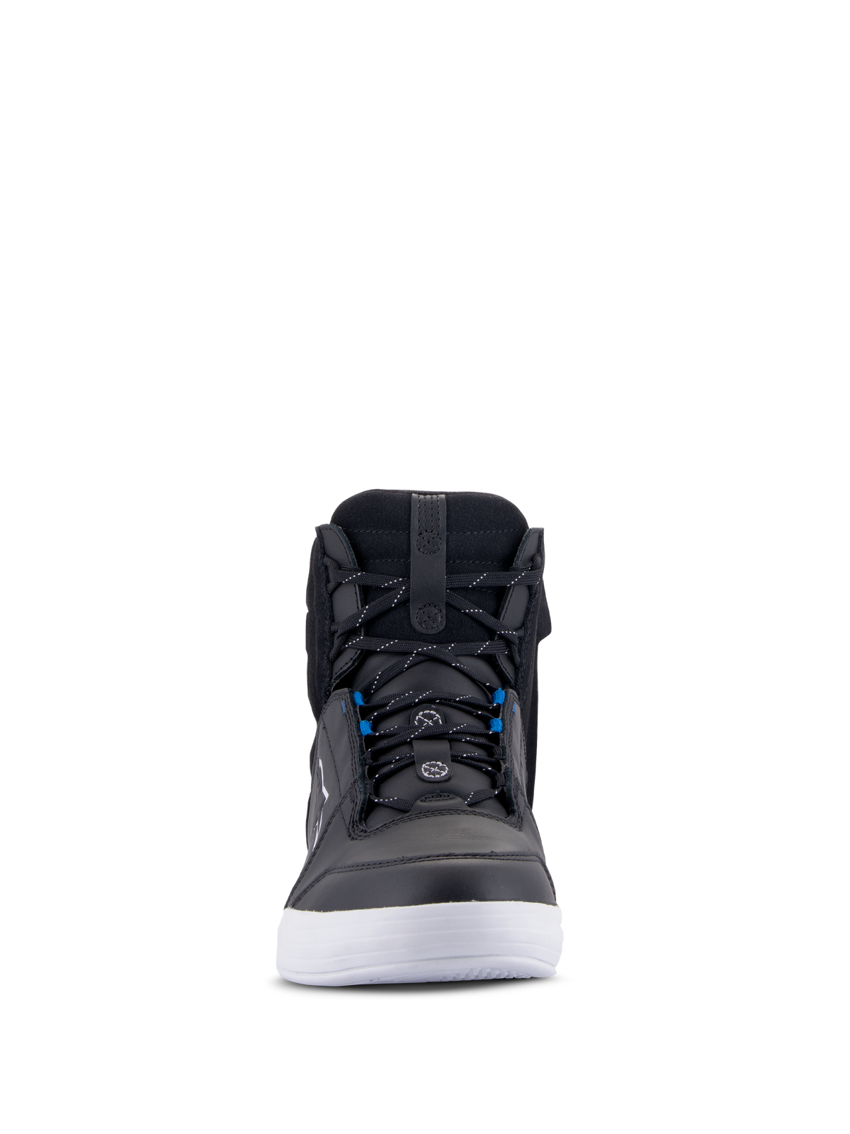 Alpinestars Chrome Drystar® Shoes, Urban Motorcycle Shoes, Black White and Blue, front view showing black leather upper, white sole, blue lace accents, casual high-top design for street riding