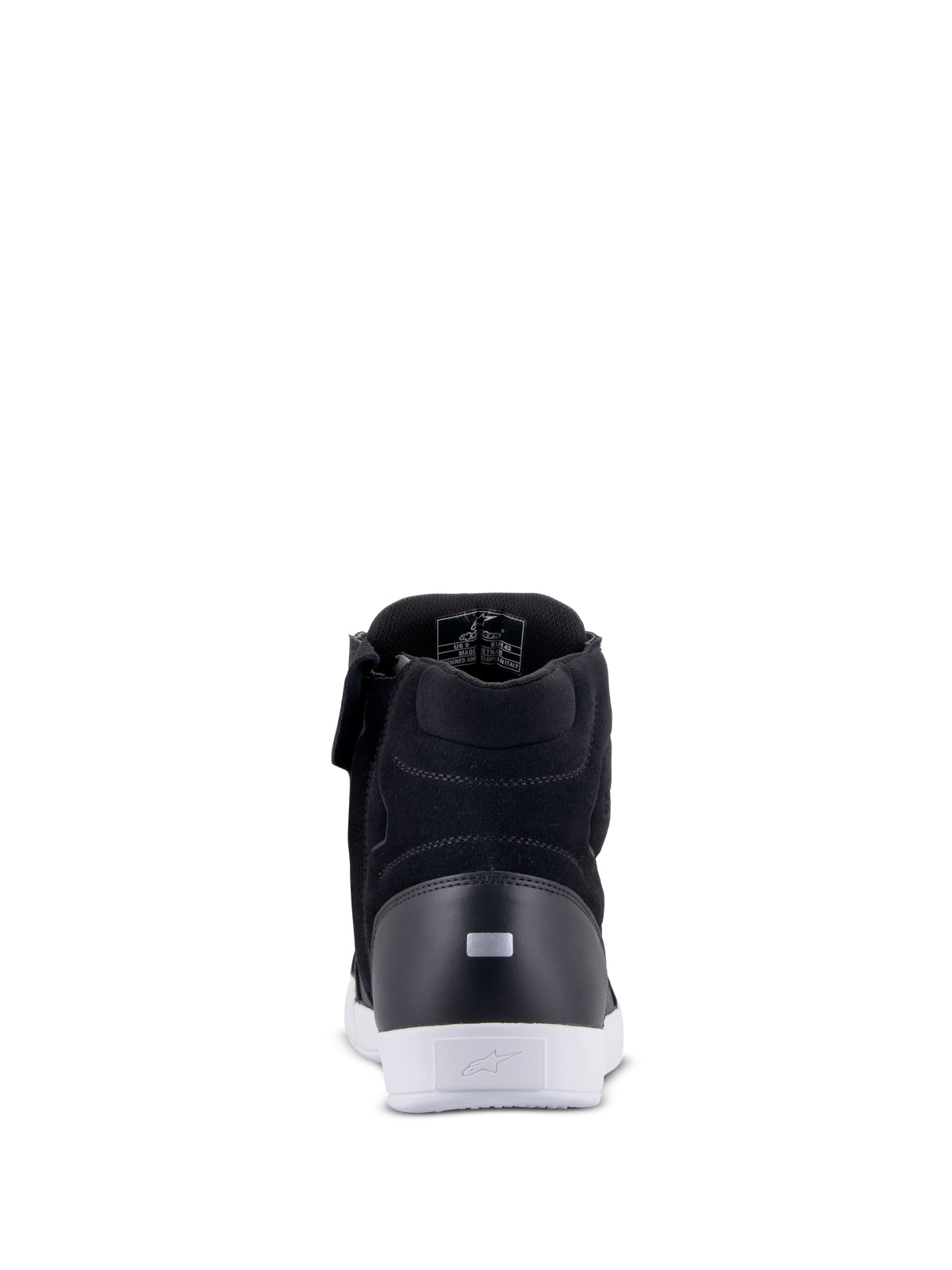 Alpinestars Chrome Drystar® Shoes, Urban Motorcycle Riding Shoes, Black and White, rear view showing reflective heel tab, white urban sole with logo, leather and suede construction for urban riding comfort