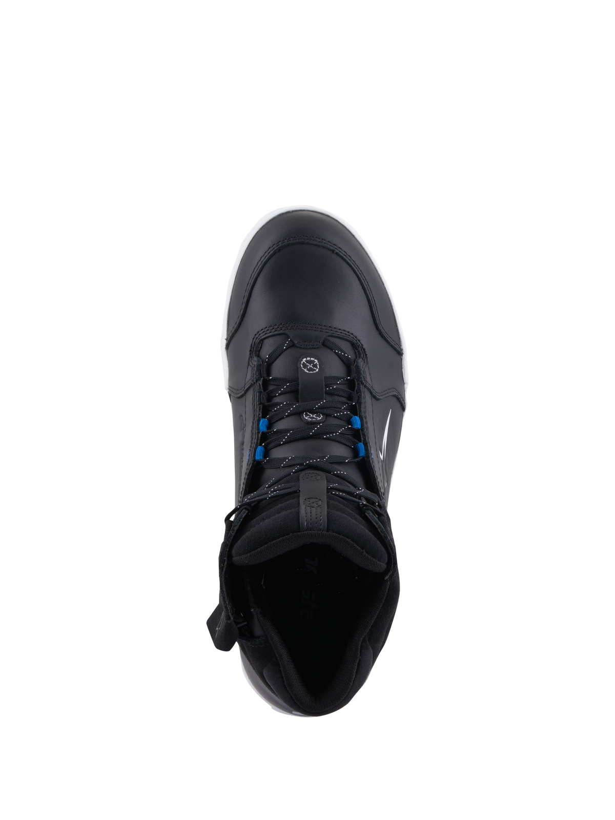 Alpinestars Chrome Drystar® Shoes, Urban Motorcycle Riding Shoes, Black White Blue, top-down view featuring black laces with blue accents, premium leather construction, and street-styled protective design