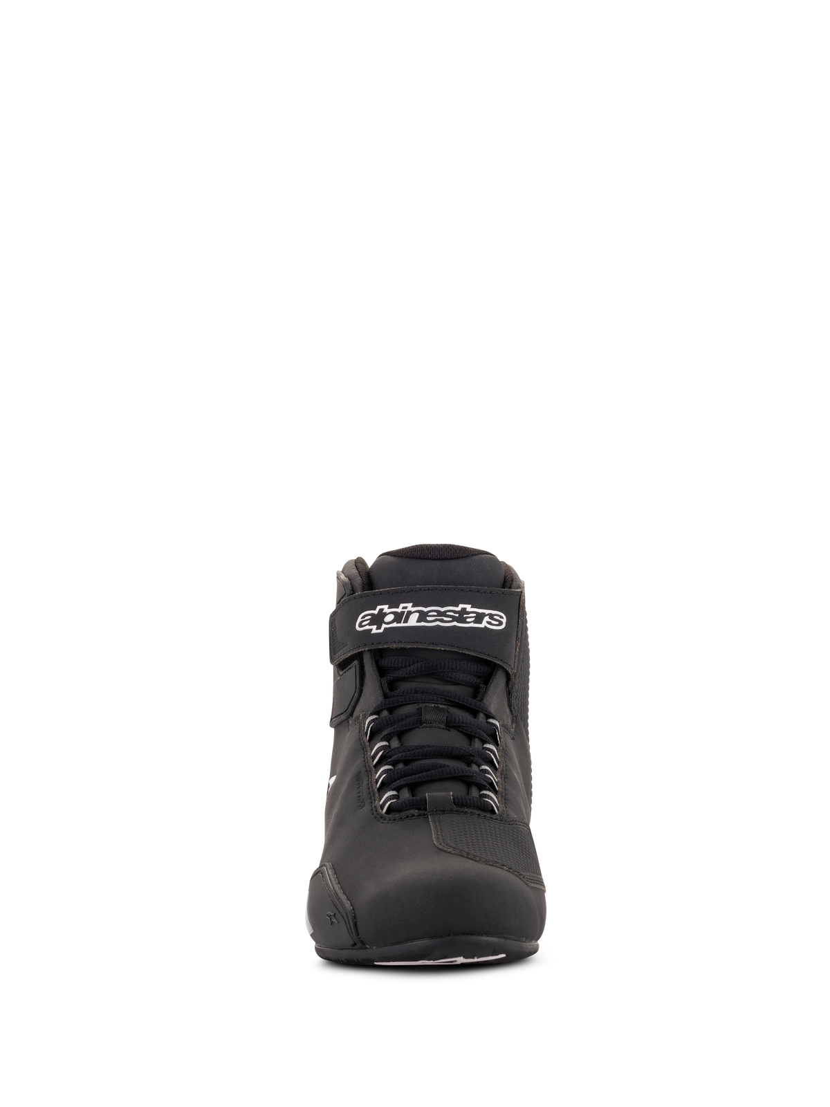 Alpinestars Women Stella Sektor Waterproof Shoes, Black and Silver, front view, low-cut motorcycle riding shoe featuring speed lace system, Velcro ankle strap with white branding, and durable microfiber construction.