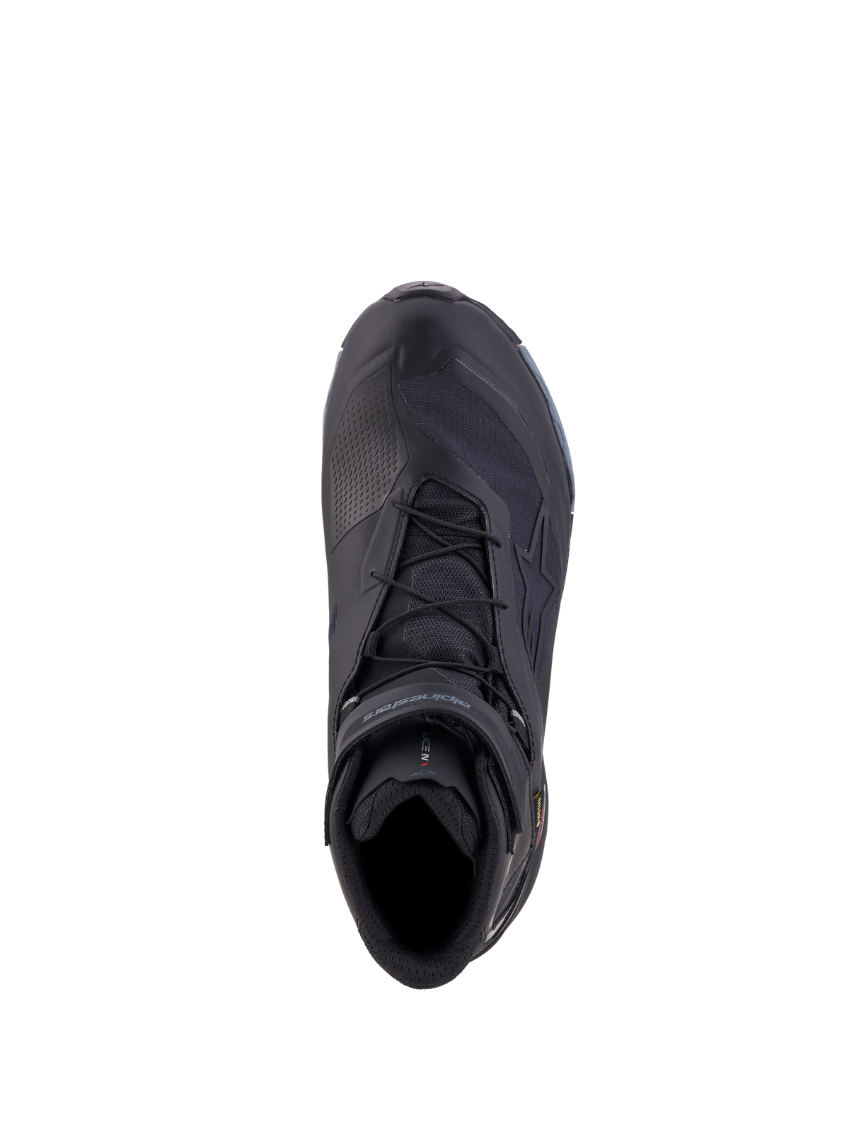 Alpinestars Cr-X Gore-Tex Shoes, motorcycle riding shoes, Black and Dark Gray, waterproof GORE-TEX membrane, top-down view showing lace system and protective construction