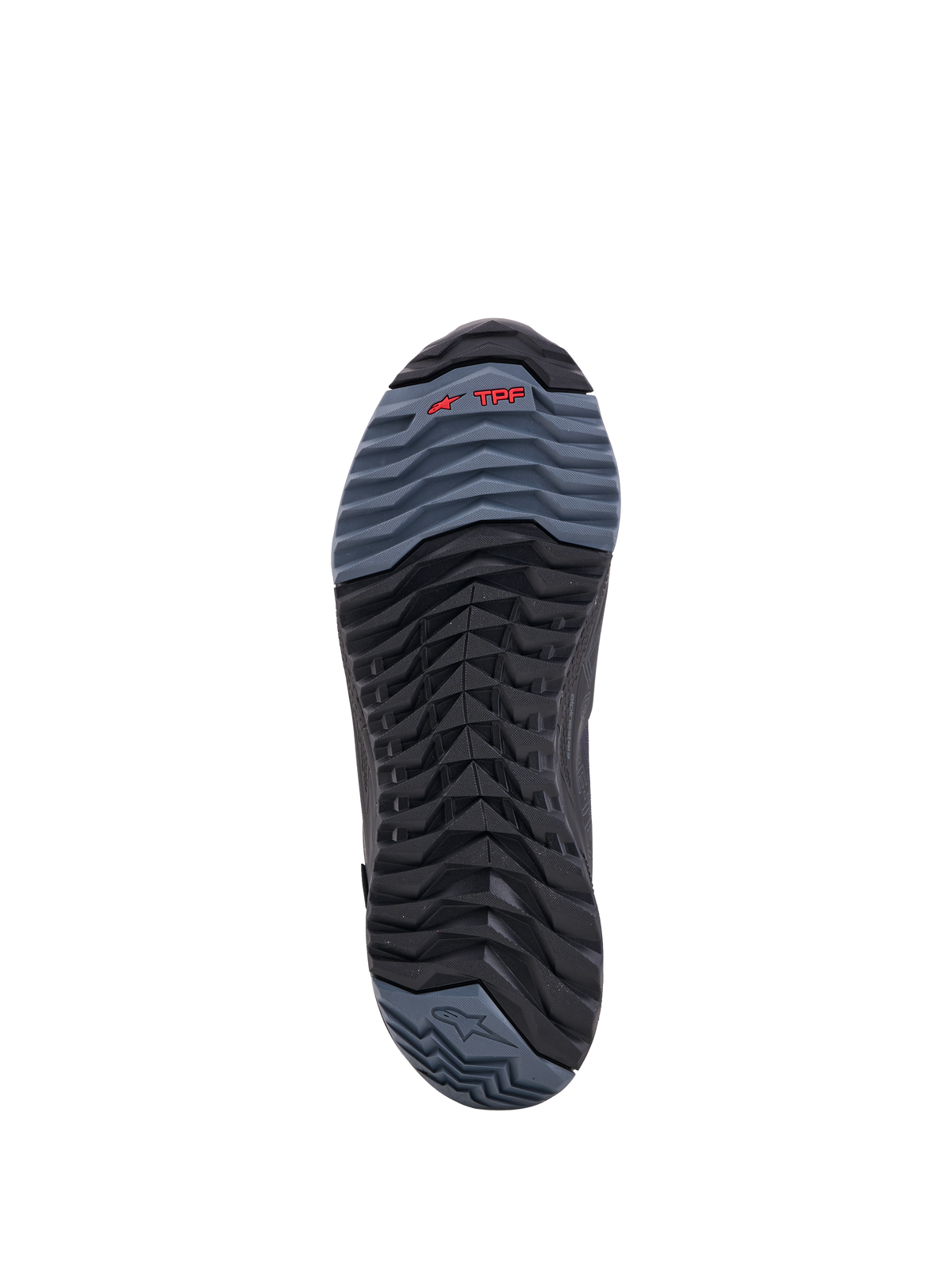 Alpinestars Cr-X Gore-Tex Shoes, motorcycle riding shoes outsole, Black and Dark Gray, showing adventure rubber tread pattern and TPF protection technology