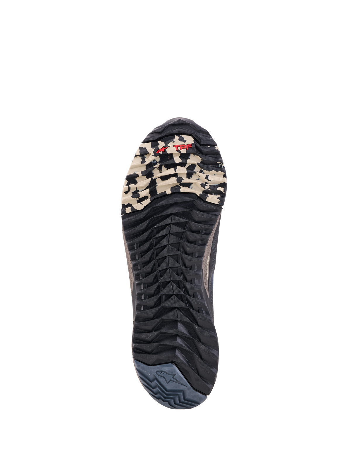 Alpinestars Cr X Gore Tex Zapatillas, zapatos de moto, vista de la suela con patrón de tacos y protección TPF, negro, gris oscuro y beige, construcción impermeable GORE-TEX
