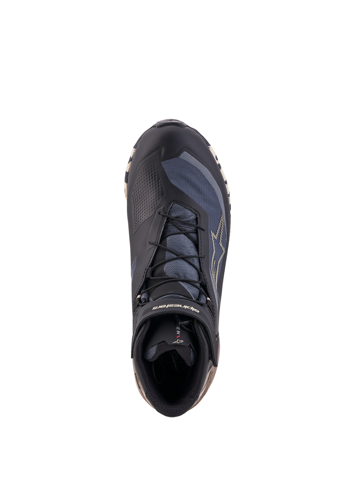 Alpinestars Cr X Gore Tex Zapatillas, zapatos de moto, vista superior en negro, gris oscuro y beige con construcción sintética multimaterial, impermeabilidad GORE-TEX y sistema de cordones rápidos