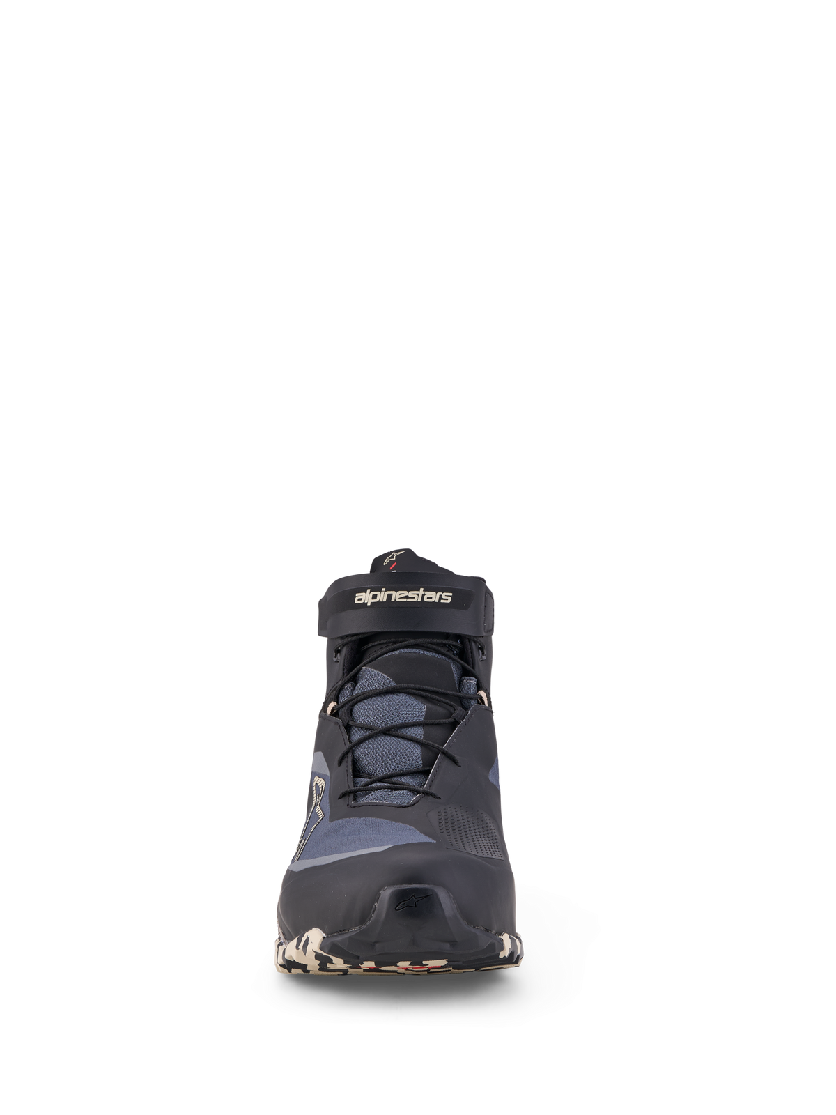 Alpinestars CR-X GORE-TEX Shoes, Waterproof Motorcycle Riding Shoes, Black Dark Gray and Beige, featuring GORE-TEX membrane, shift pad zone, and high-top lacing design