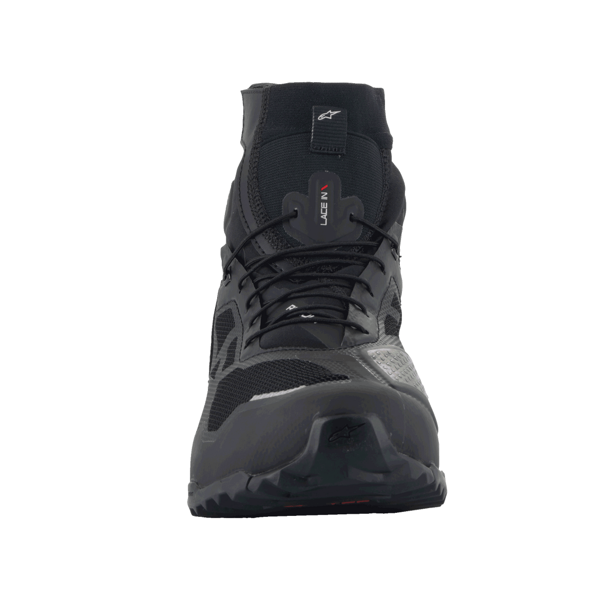 Alpinestars CR-1 Shoes, Motorcycle Riding Shoes, Black and White, front view, featuring breathable 3D mesh panels, microfiber construction, and lace-up closure, designed for touring and sport riding