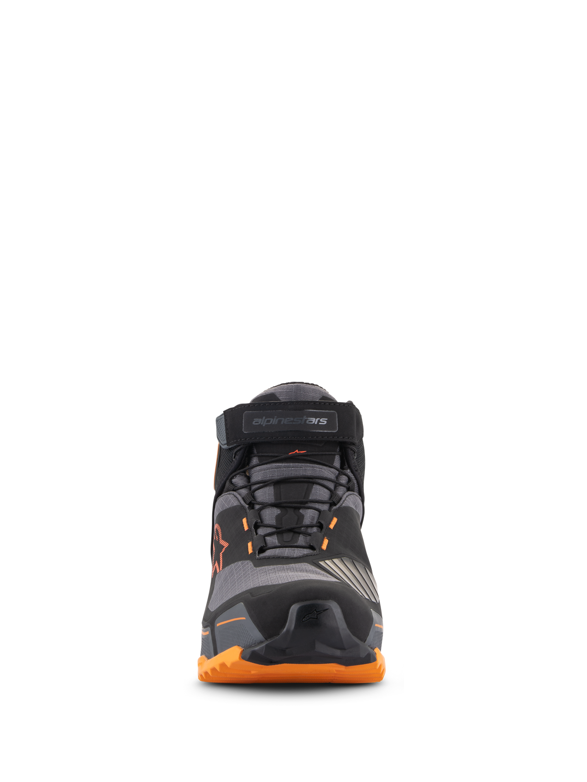 Zapatillas de moto Alpinestars CR-X Drystar®, vista frontal, negro, marrón claro y naranja, con un sistema de cordones seguro, correa superior en el tobillo, puntera protectora y suela naranja robusta, calzado impermeable urbano para moto