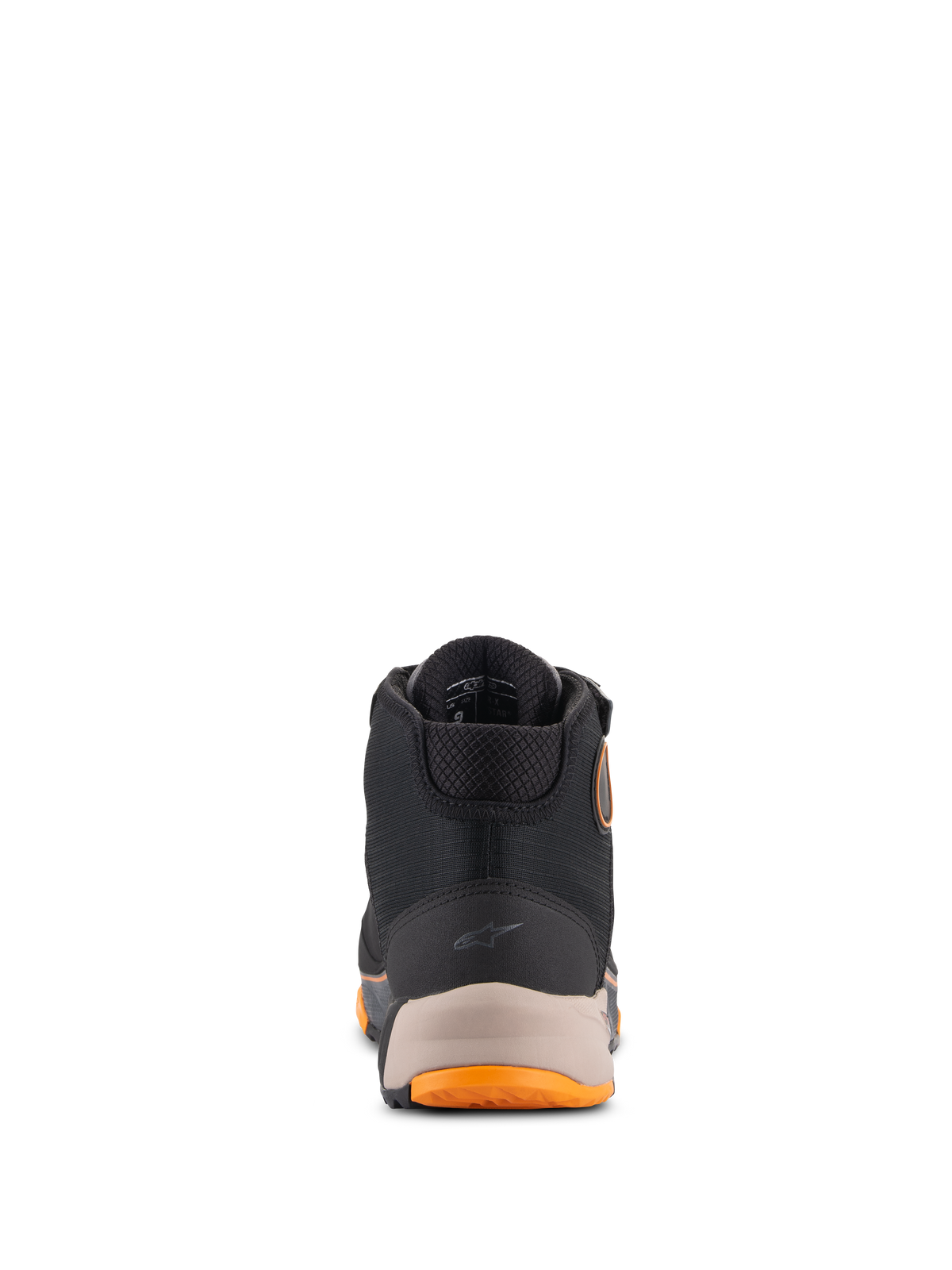 Zapatillas Alpinestars CR-X Drystar®, calzado para moto, negro, marrón claro y naranja, vista trasera con talón reforzado, pequeño logo de Alpinestars, cuello acolchado y detalles naranjas en la suela, calzado impermeable
