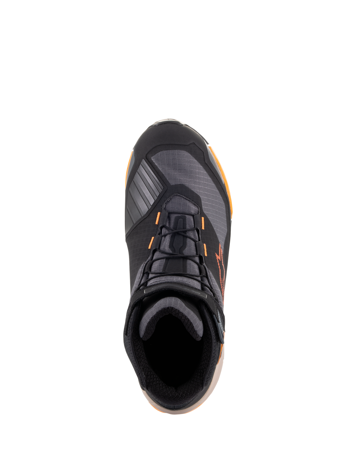 Zapatillas Alpinestars CR-X Drystar®, vista desde arriba, combinación de colores negro, marrón claro y naranja, calzado de motociclismo de estilo deportivo con cordones negros, detalles en naranja y suela marrón claro, equipo de protección impermeable para conducción urbana y en carretera.