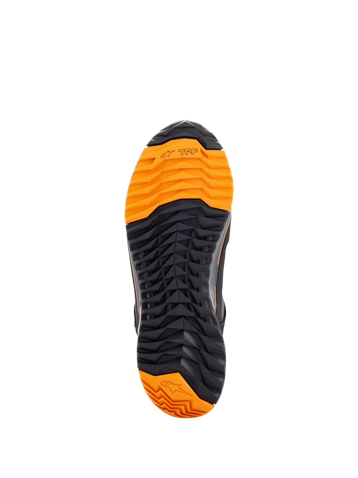 Alpinestars CR-X Drystar® Riding Shoes, vista inferior de la suela, banda de rodadura en negro y naranja brillante, patrón de tacos agresivo para el agarre, con logotipos TPF y de la estrella de Alpinestars, diseñadas para el pilotaje de motos y la comodidad al caminar
